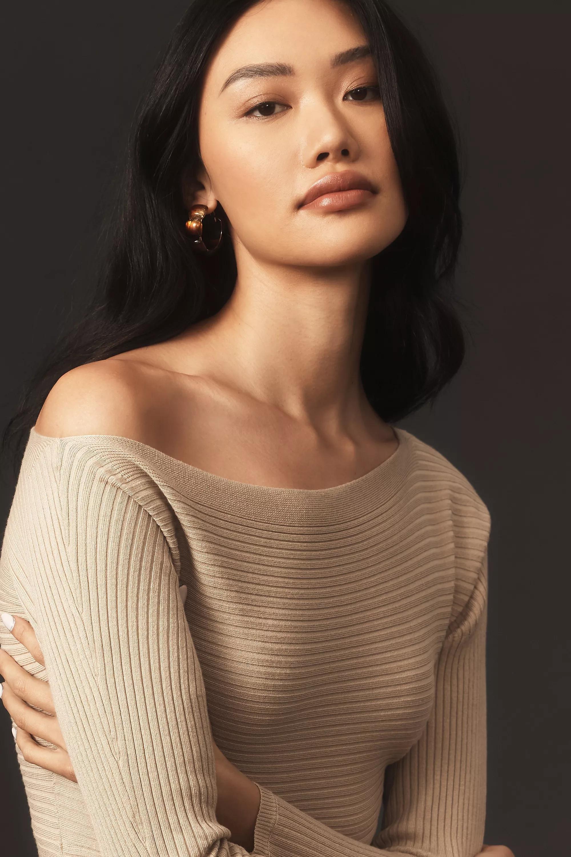 By Anthropologie Off-The-Shoulder Slim Knit Midi Dress, Taupe, , large image number 2