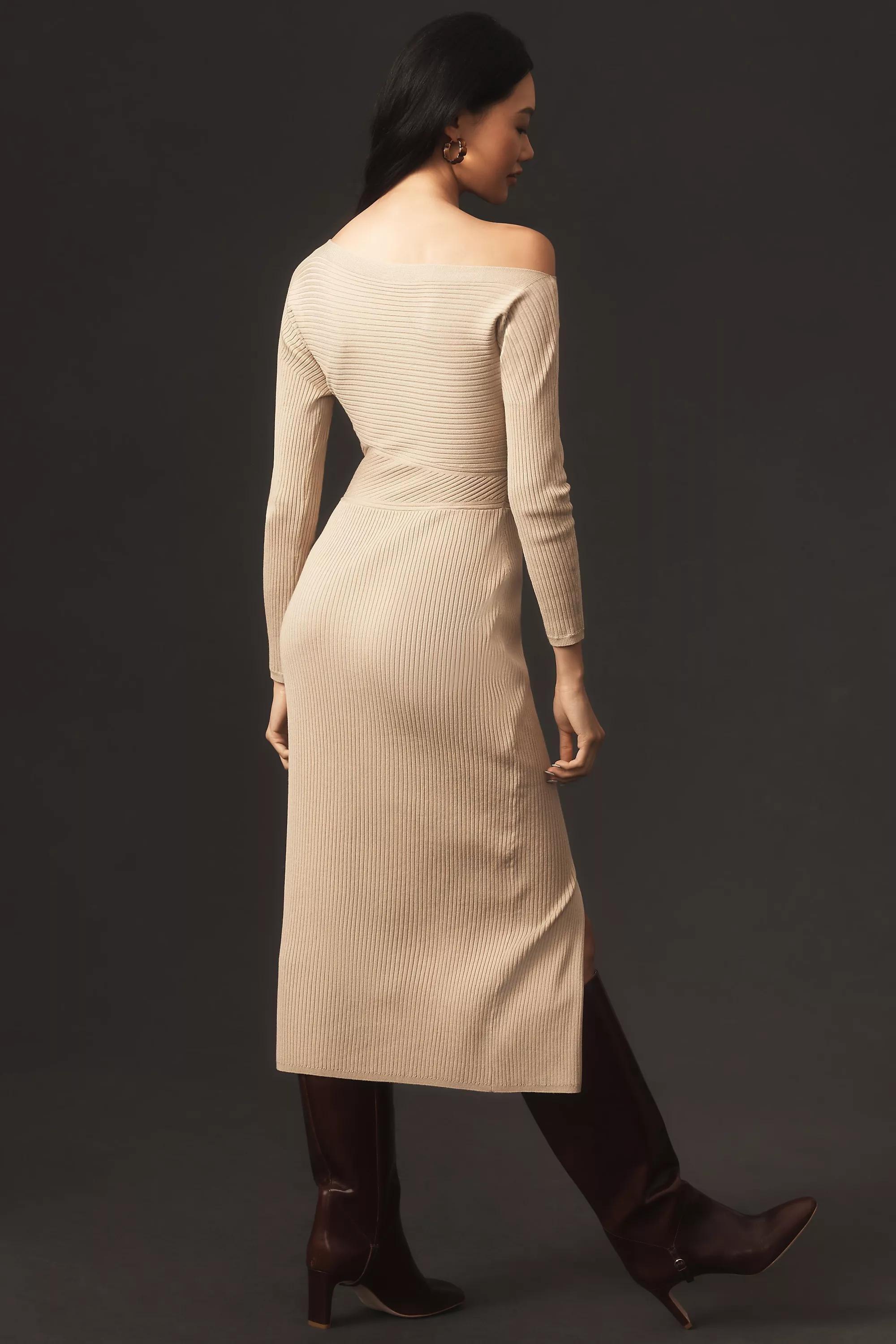 By Anthropologie Off-The-Shoulder Slim Knit Midi Dress, Taupe, , large image number 3