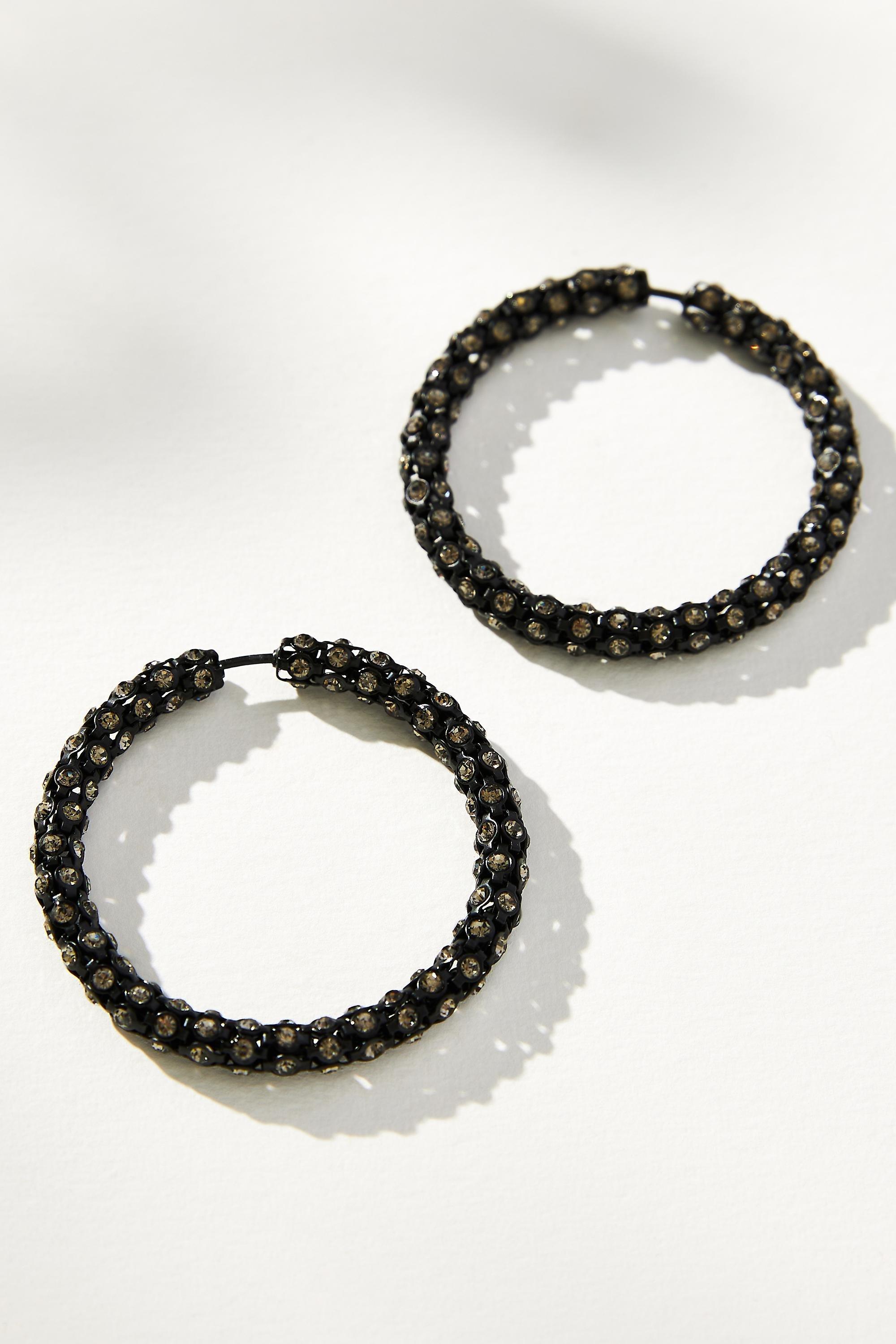 Medium Crystal Tube Hoop Earrings, Black, , medium