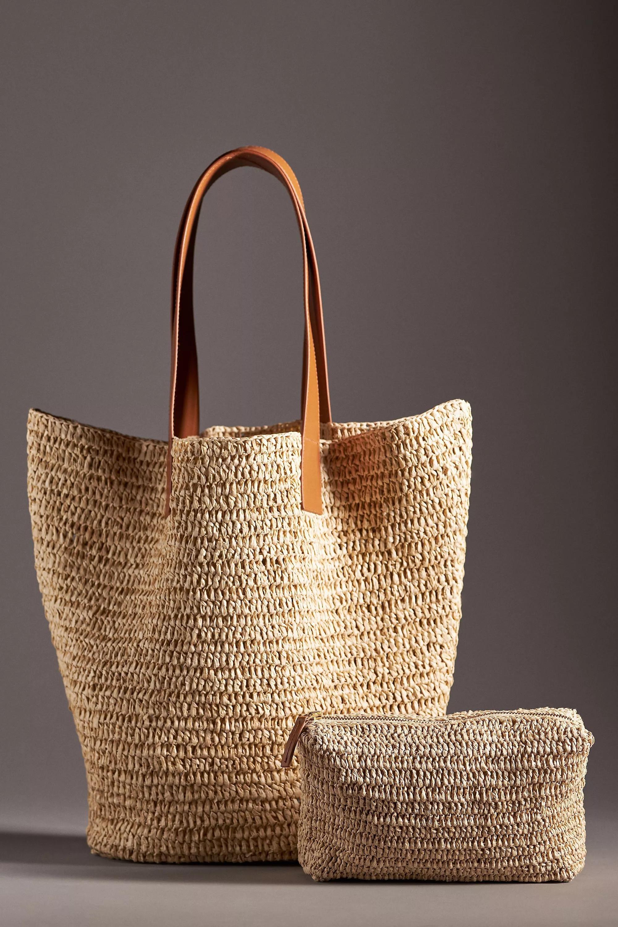 Anthropologie - By Anthropologie Leather Handle Raffia Tote Bag, Beige