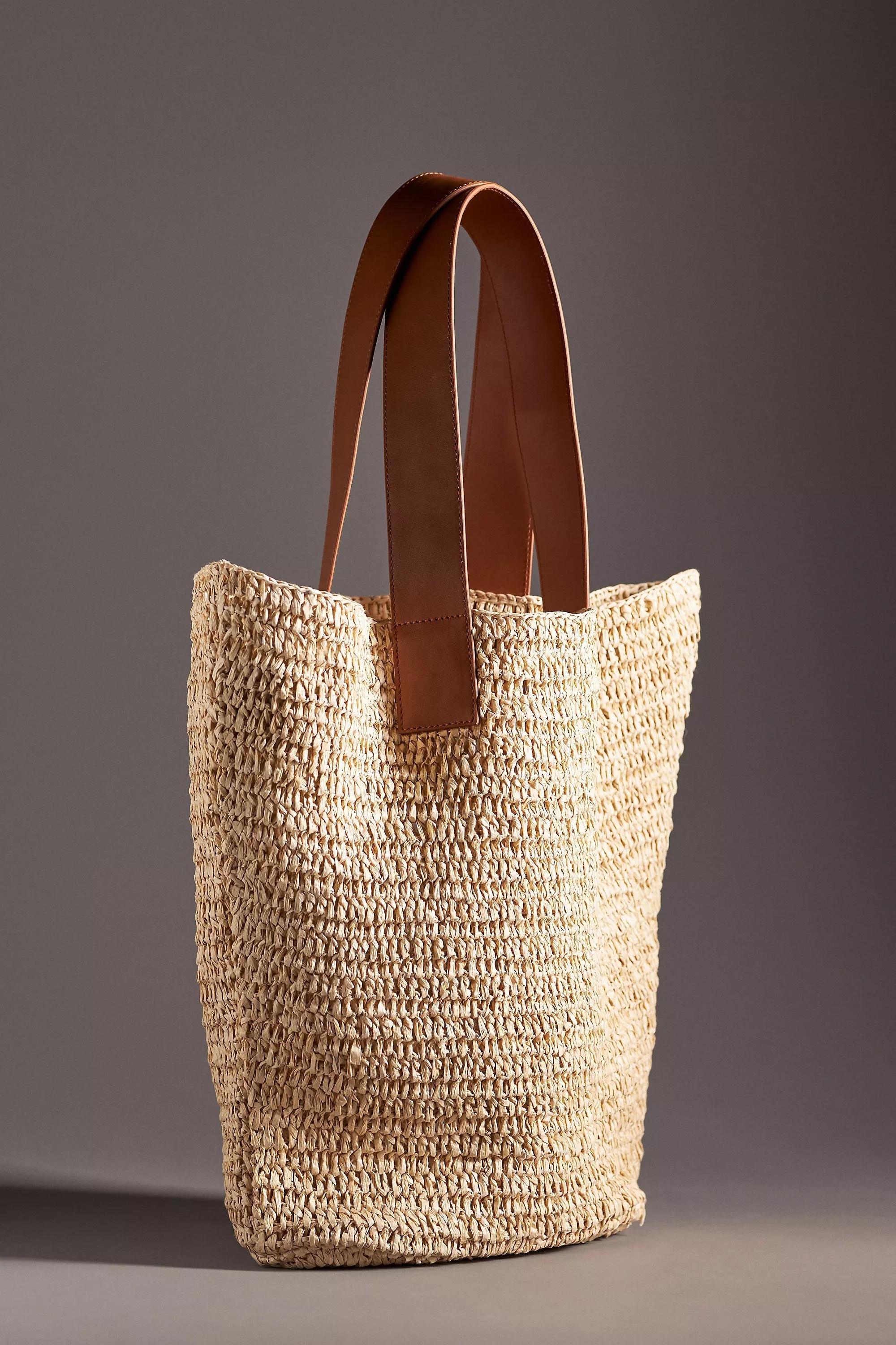 Anthropologie - By Anthropologie Leather Handle Raffia Tote Bag, Beige