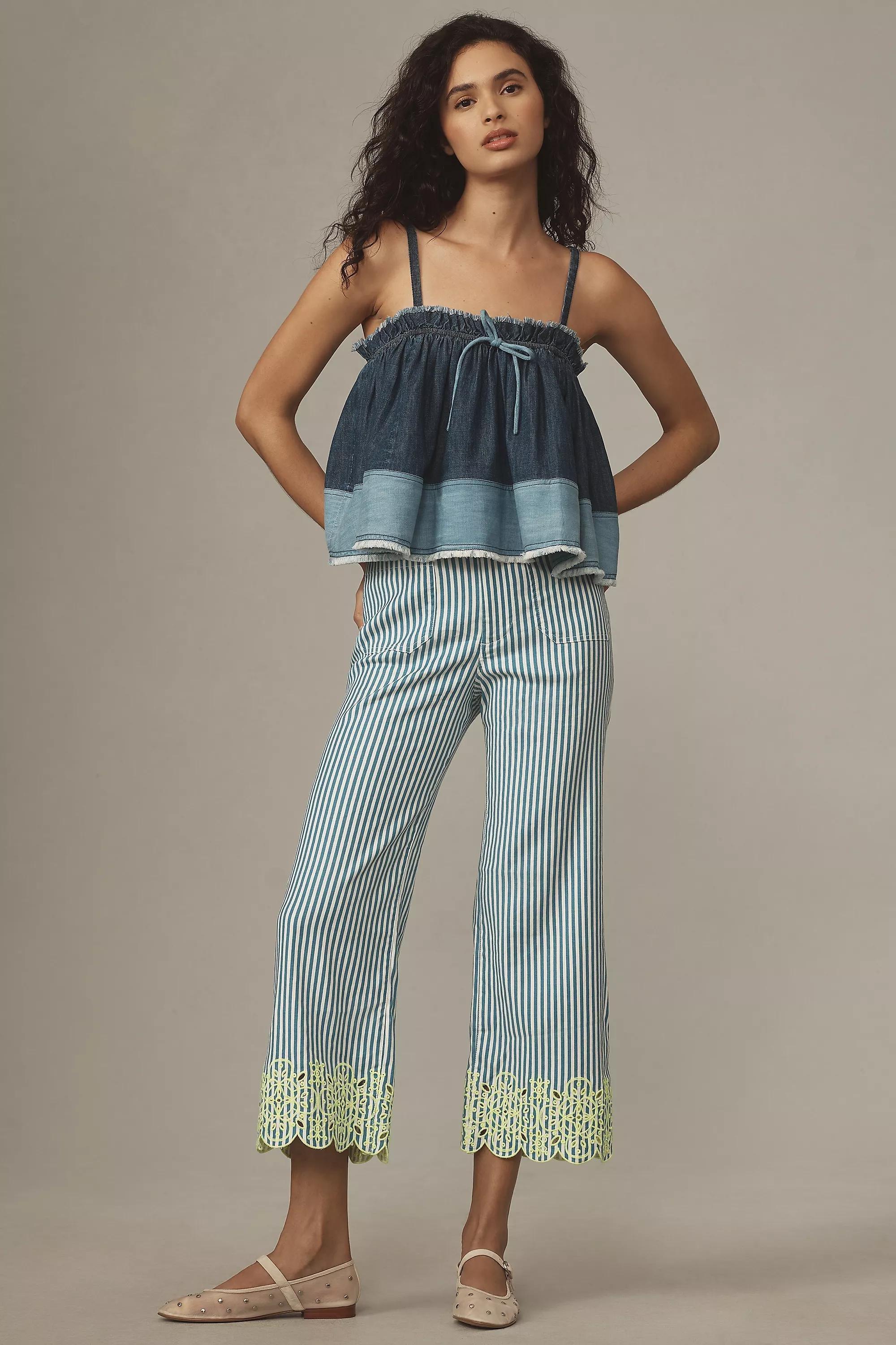 By Maeve The Colette Cropped Wide-Leg Embroidered Trousers, Blue, , large image number 0