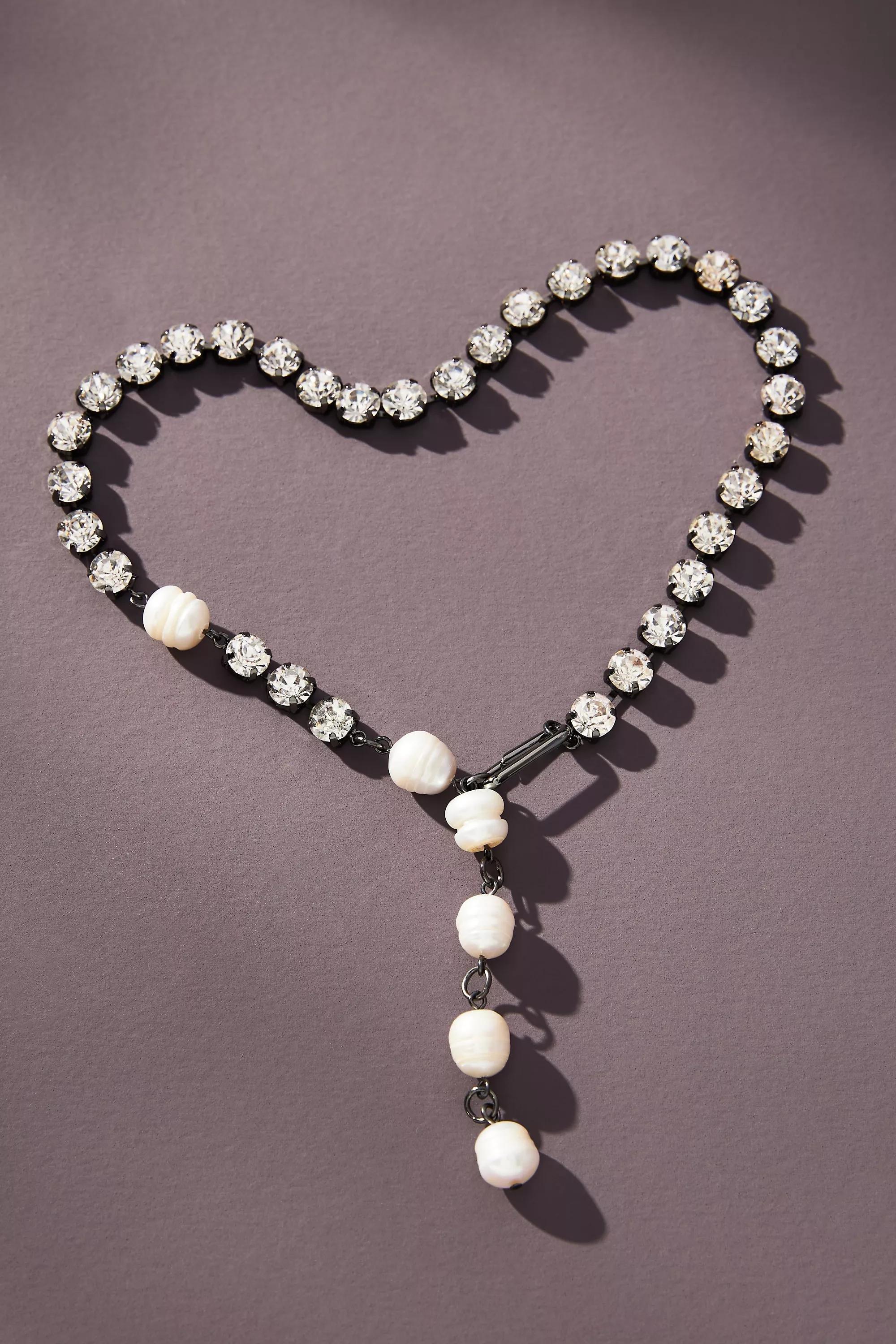Pearl And Crystal Drop Necklace, Black, A501_0001, large image number 0