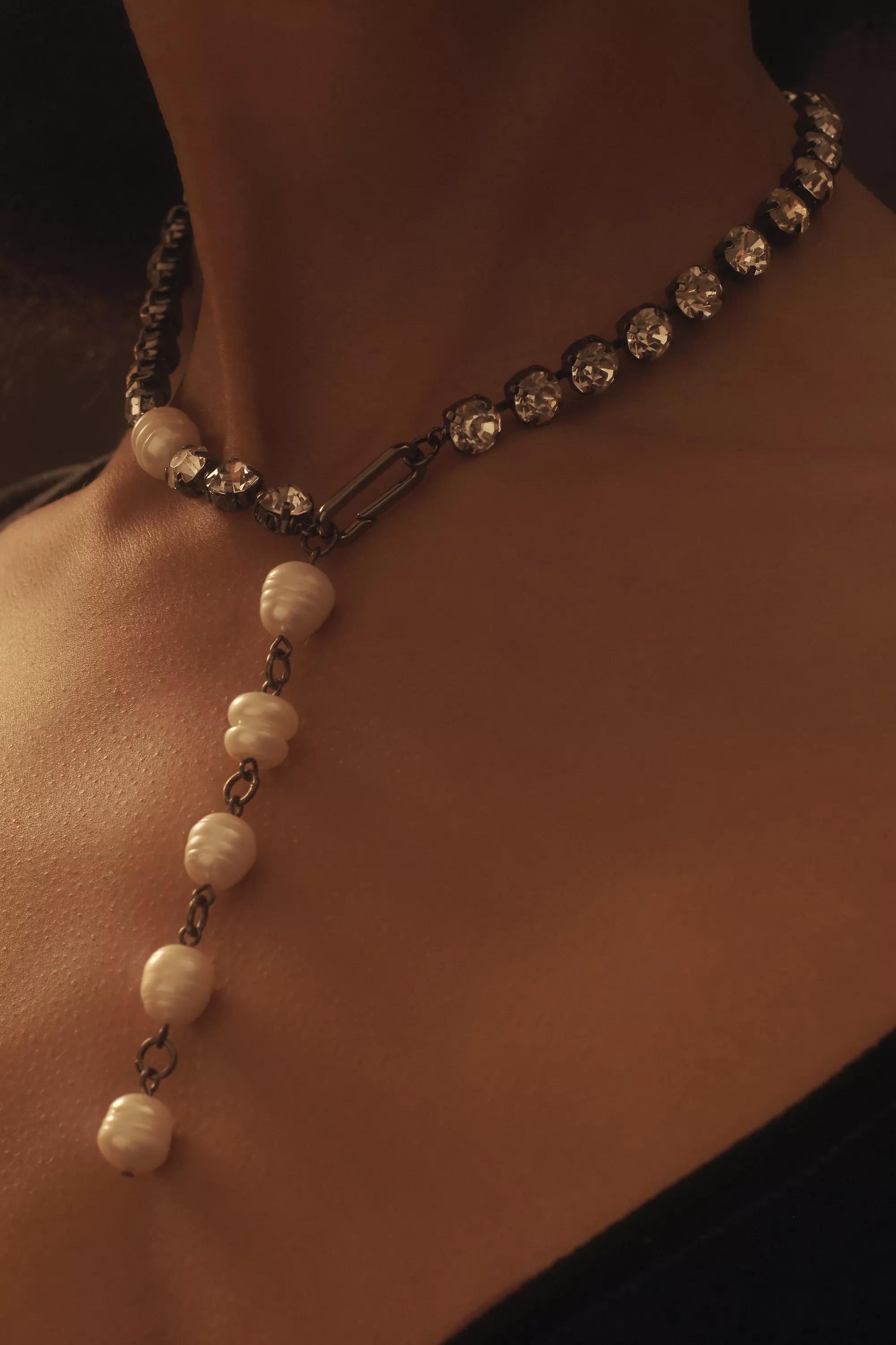 Pearl And Crystal Drop Necklace, Black, A501_0001, large image number 1
