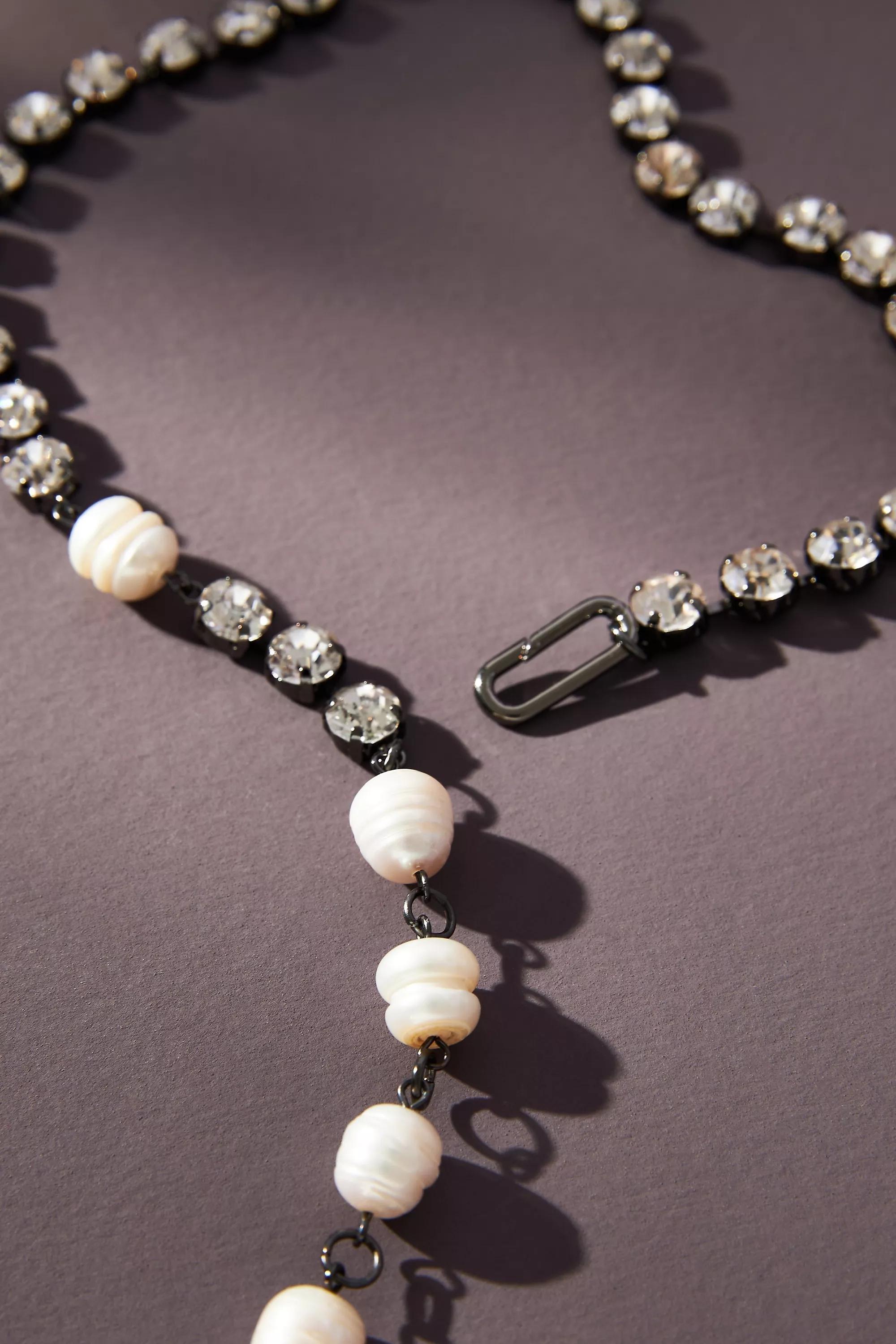 Pearl And Crystal Drop Necklace, Black, A501_0001, large image number 2
