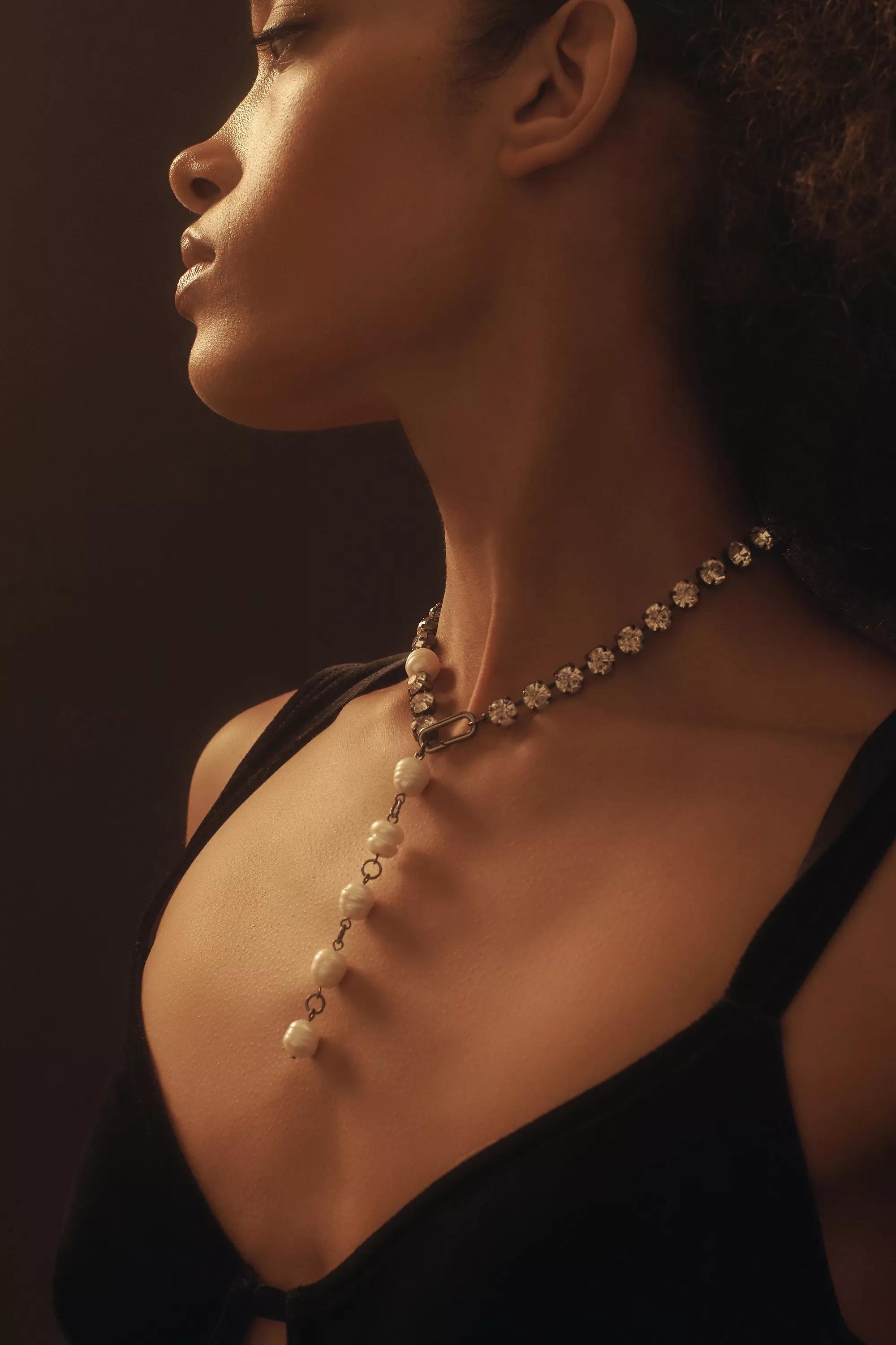 Pearl And Crystal Drop Necklace, Black, A501_0001, large image number 3