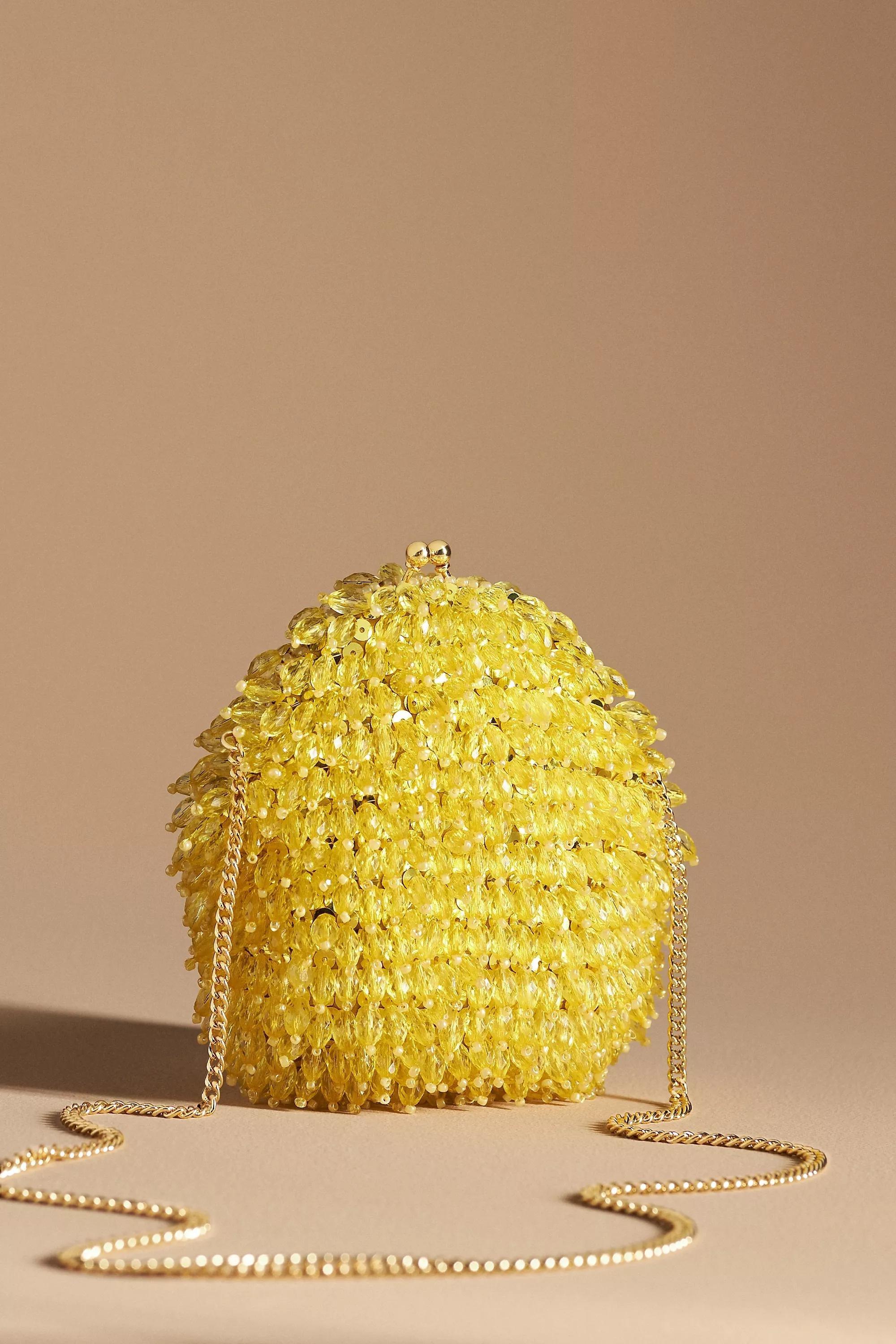 Anthropologie Beaded Fringe Crossbody Clutch Bag Yellow Azadea UAE