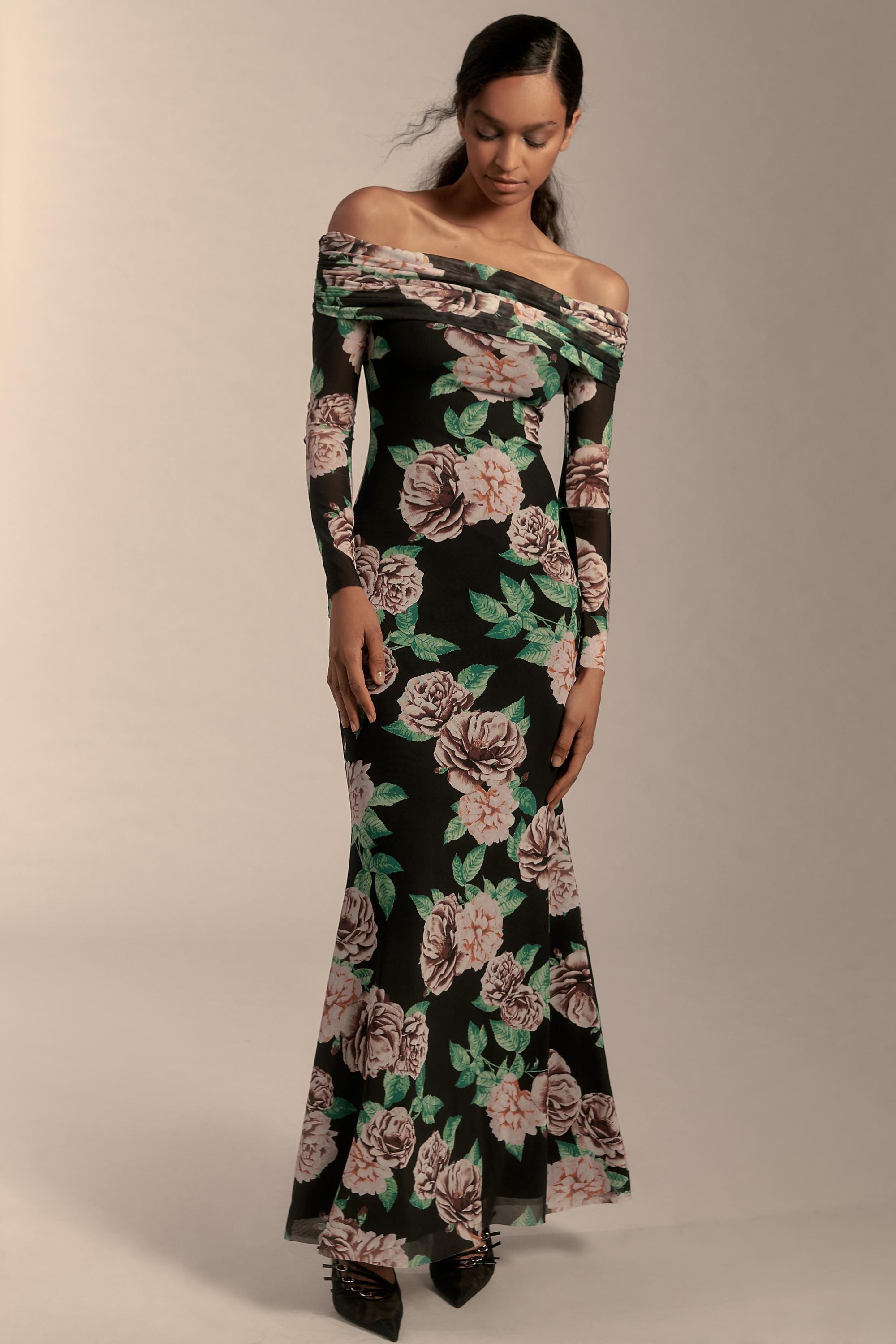 Off-Shoulder Mesh Maxi Dress, Black, , large image number 0