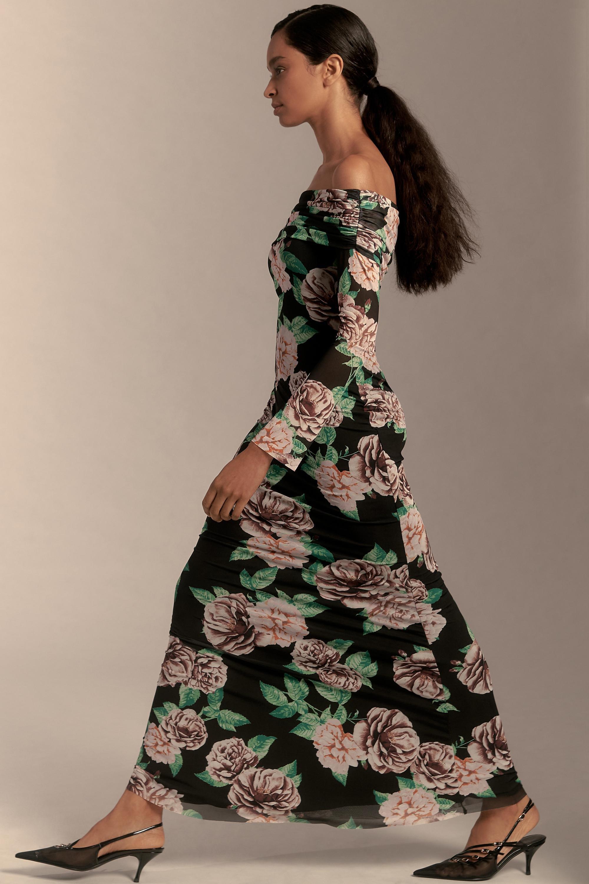 Off-Shoulder Mesh Maxi Dress, Black, , large image number 1