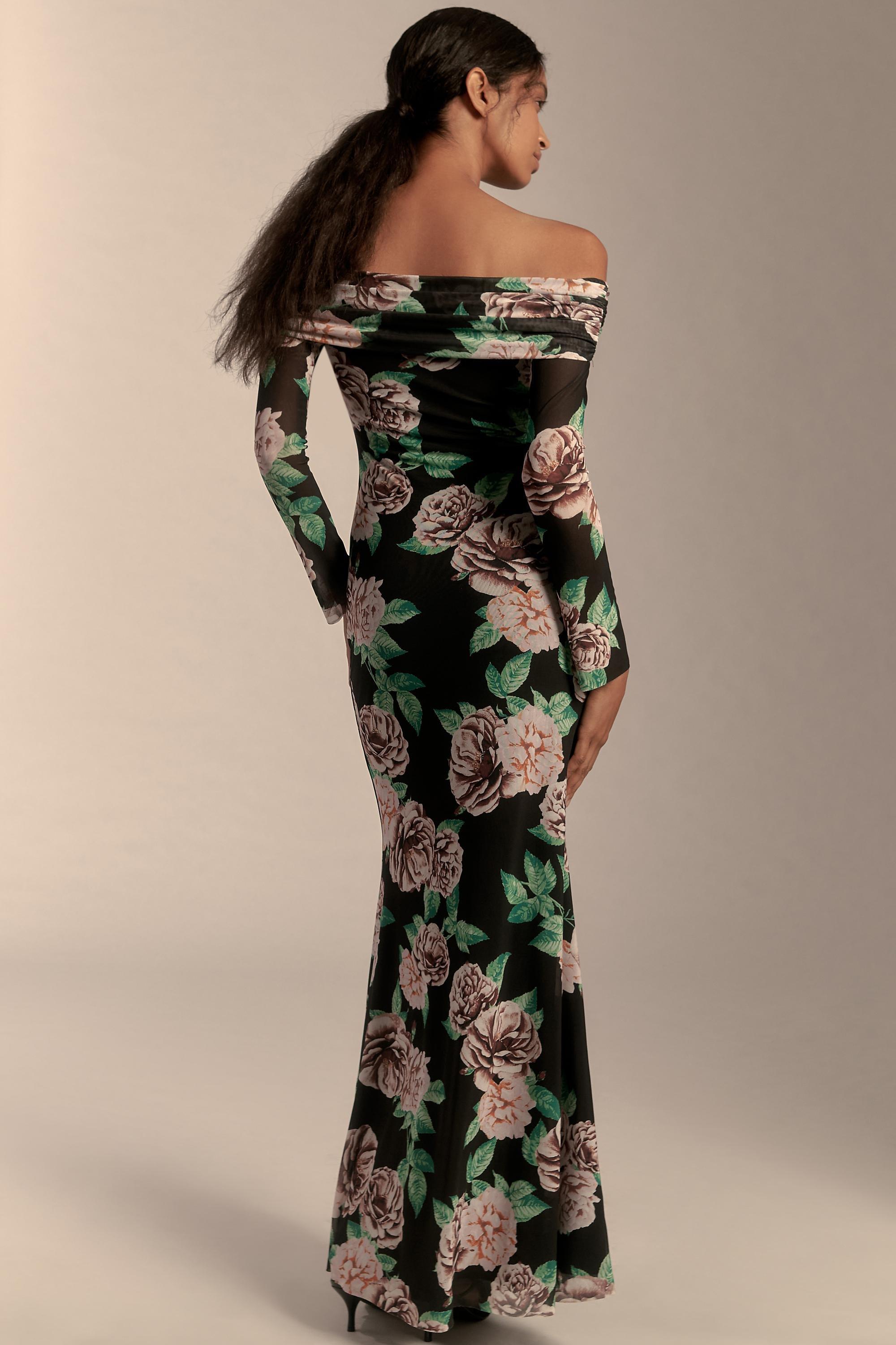 Off-Shoulder Mesh Maxi Dress, Black, , large image number 3