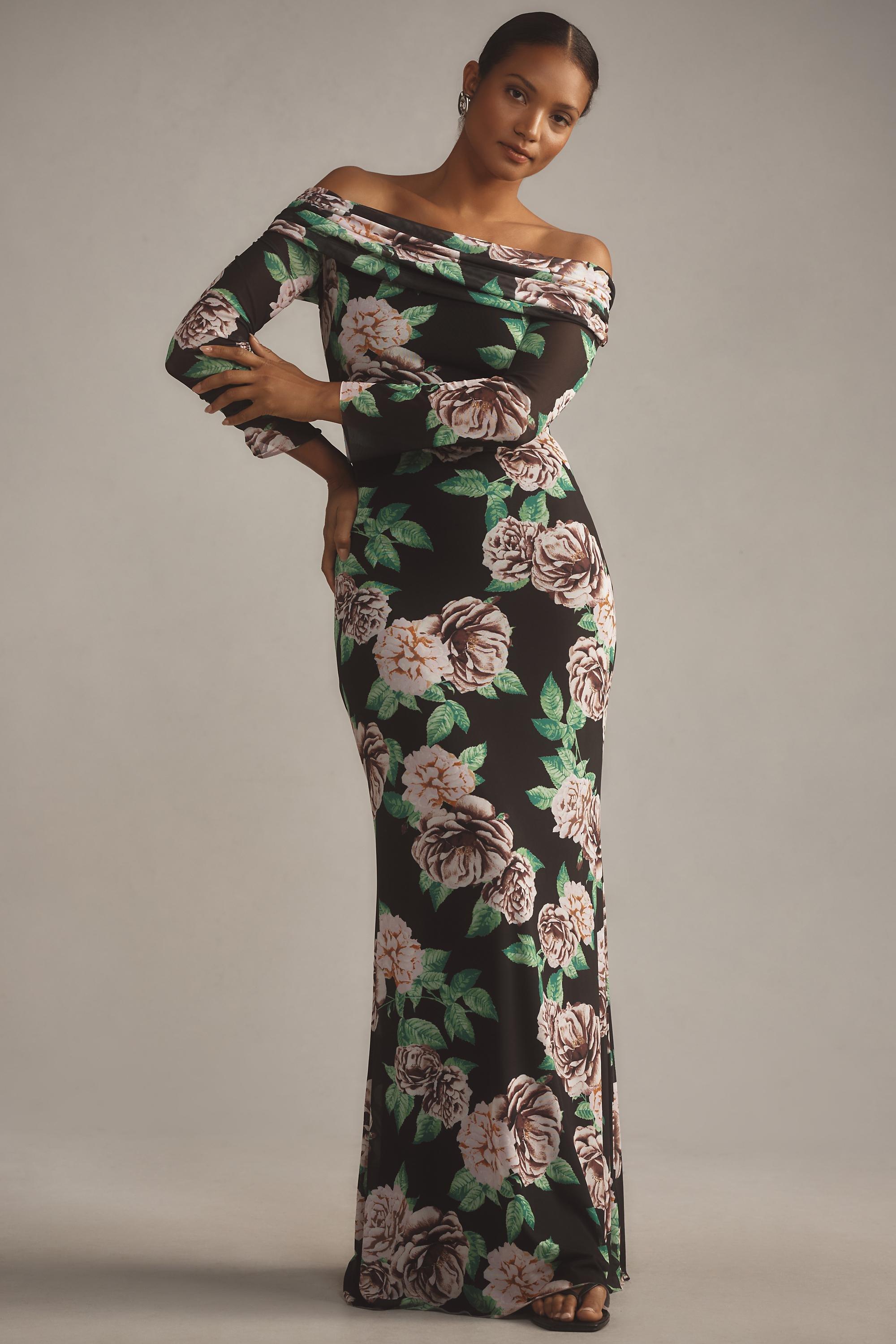 Off-Shoulder Mesh Maxi Dress, Black, , large image number 4