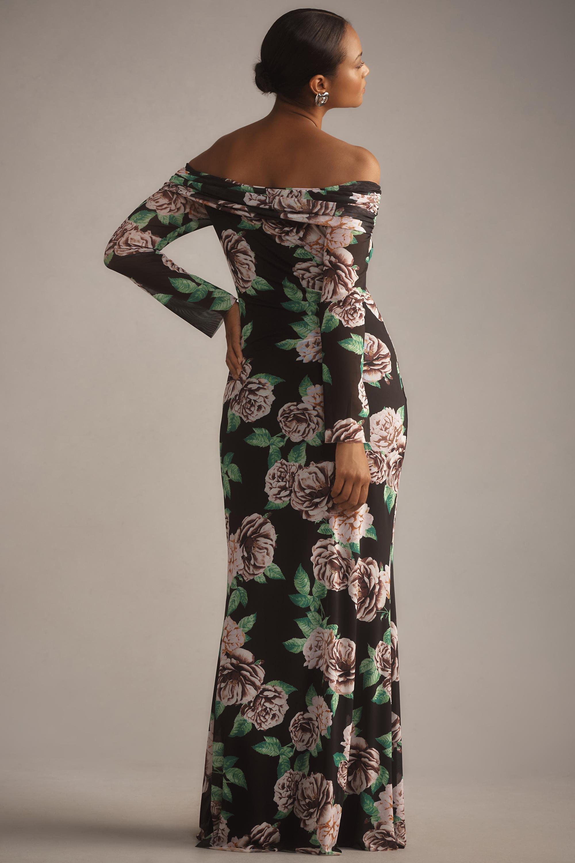 Off-Shoulder Mesh Maxi Dress, Black, , large image number 5