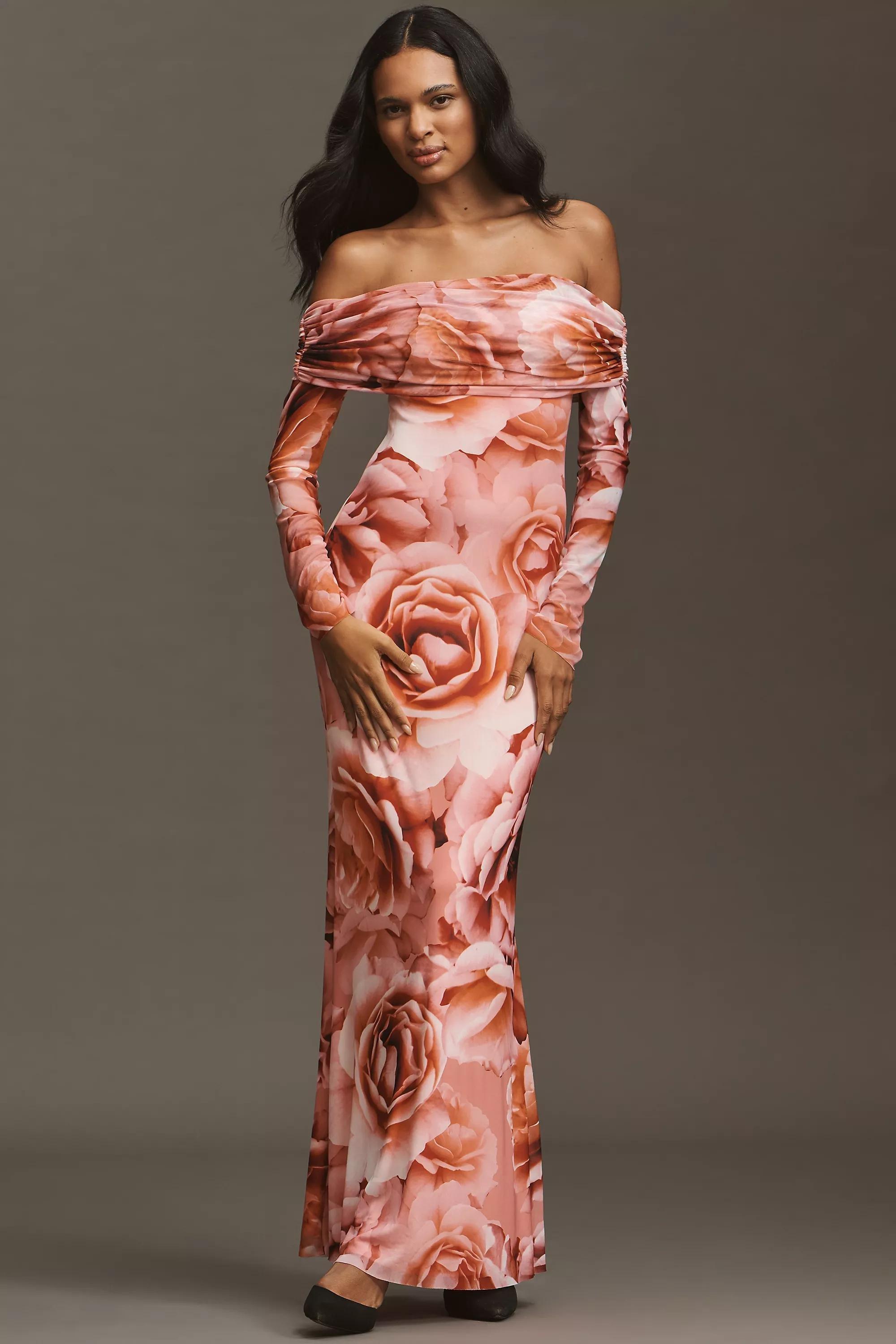 Afrm Long-Sleeve Off-The-Shoulder Mesh Maxi Dress, Orange, A501_0067, medium