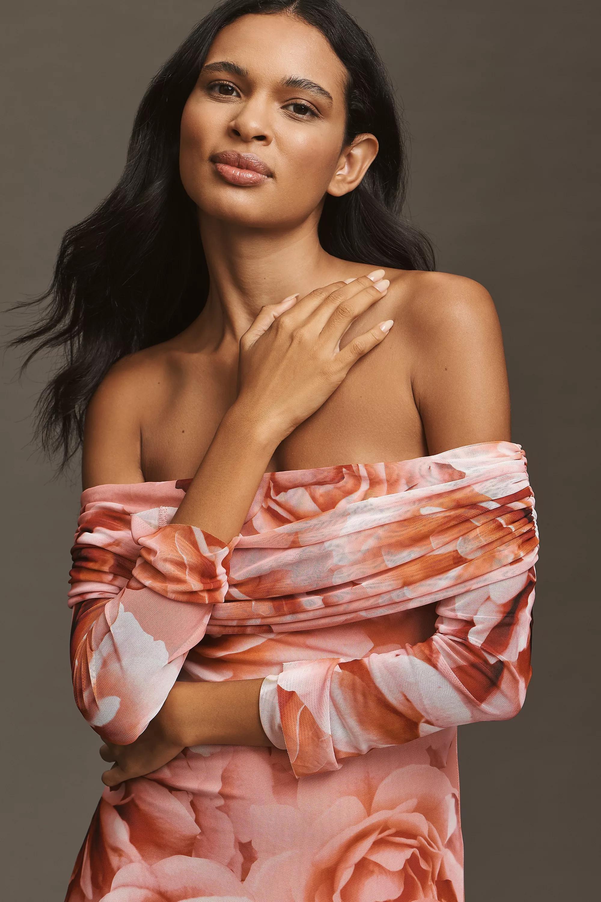 Afrm Long-Sleeve Off-The-Shoulder Mesh Maxi Dress, Orange, A501_0067, large image number 2