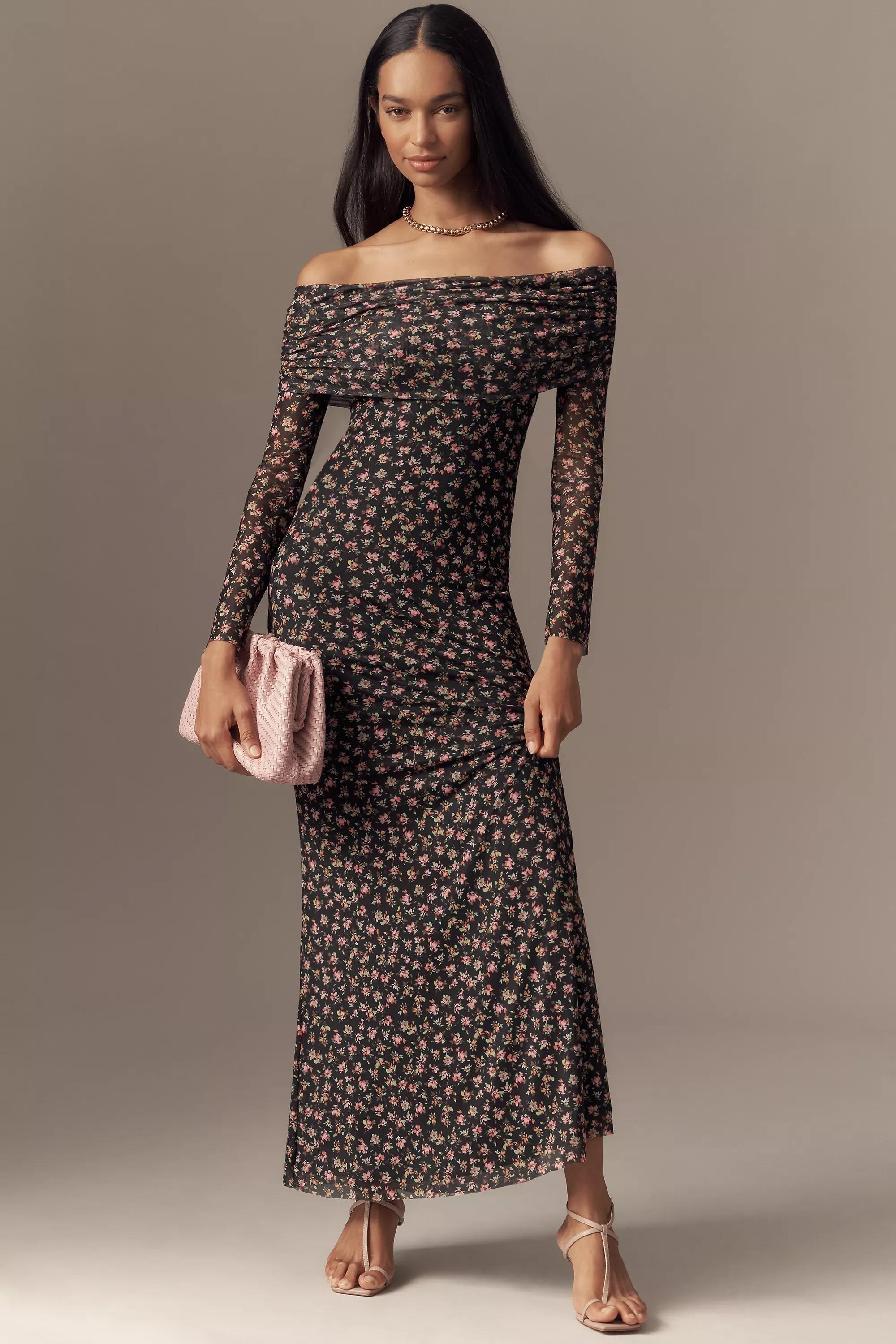 RED PATTERN AFRM Long-Sleeve Off-The-Shoulder Mesh Maxi Dress, , large image number 0