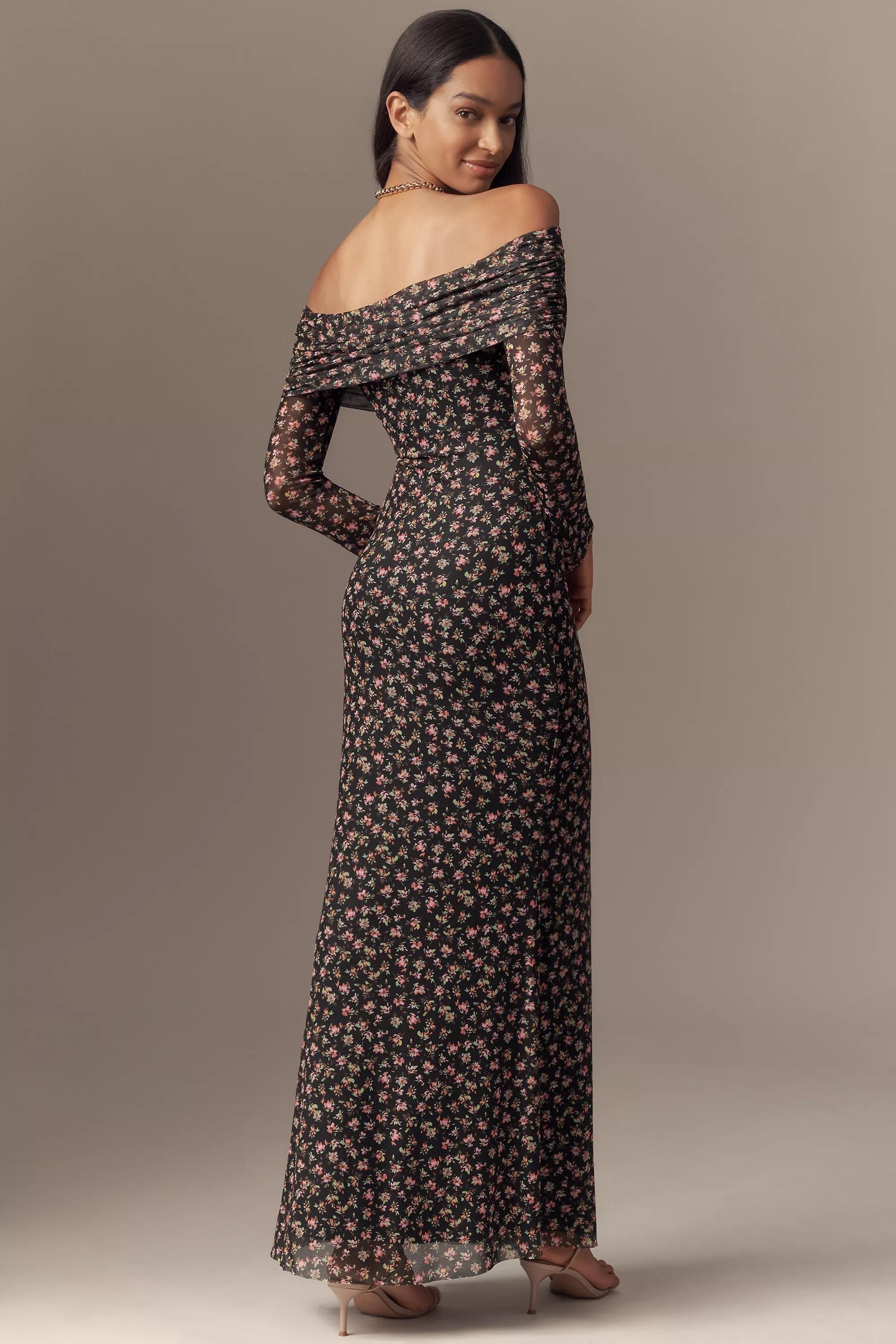 RED PATTERN AFRM Long-Sleeve Off-The-Shoulder Mesh Maxi Dress, , large image number 1