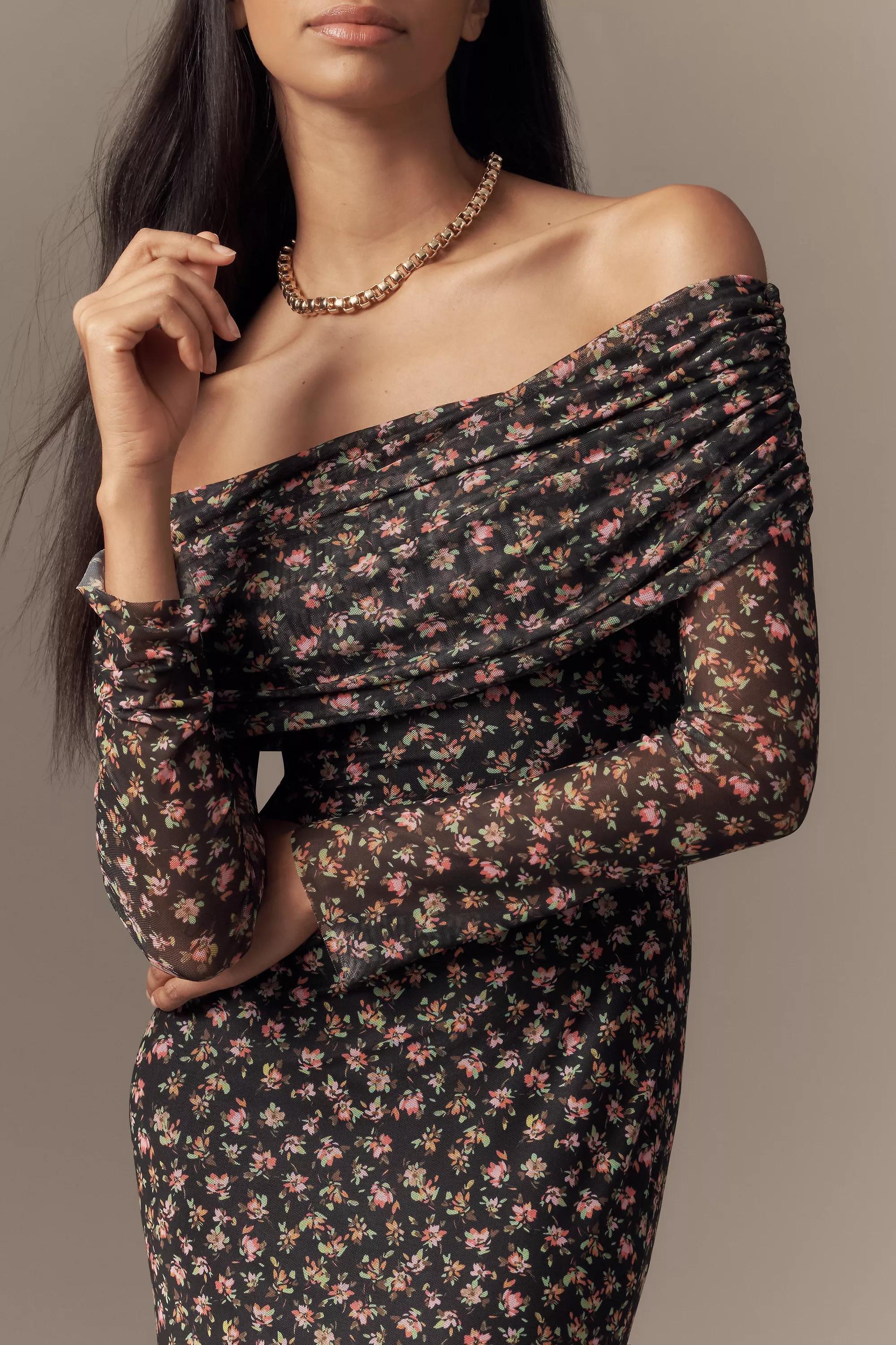 RED PATTERN AFRM Long-Sleeve Off-The-Shoulder Mesh Maxi Dress, , large image number 2