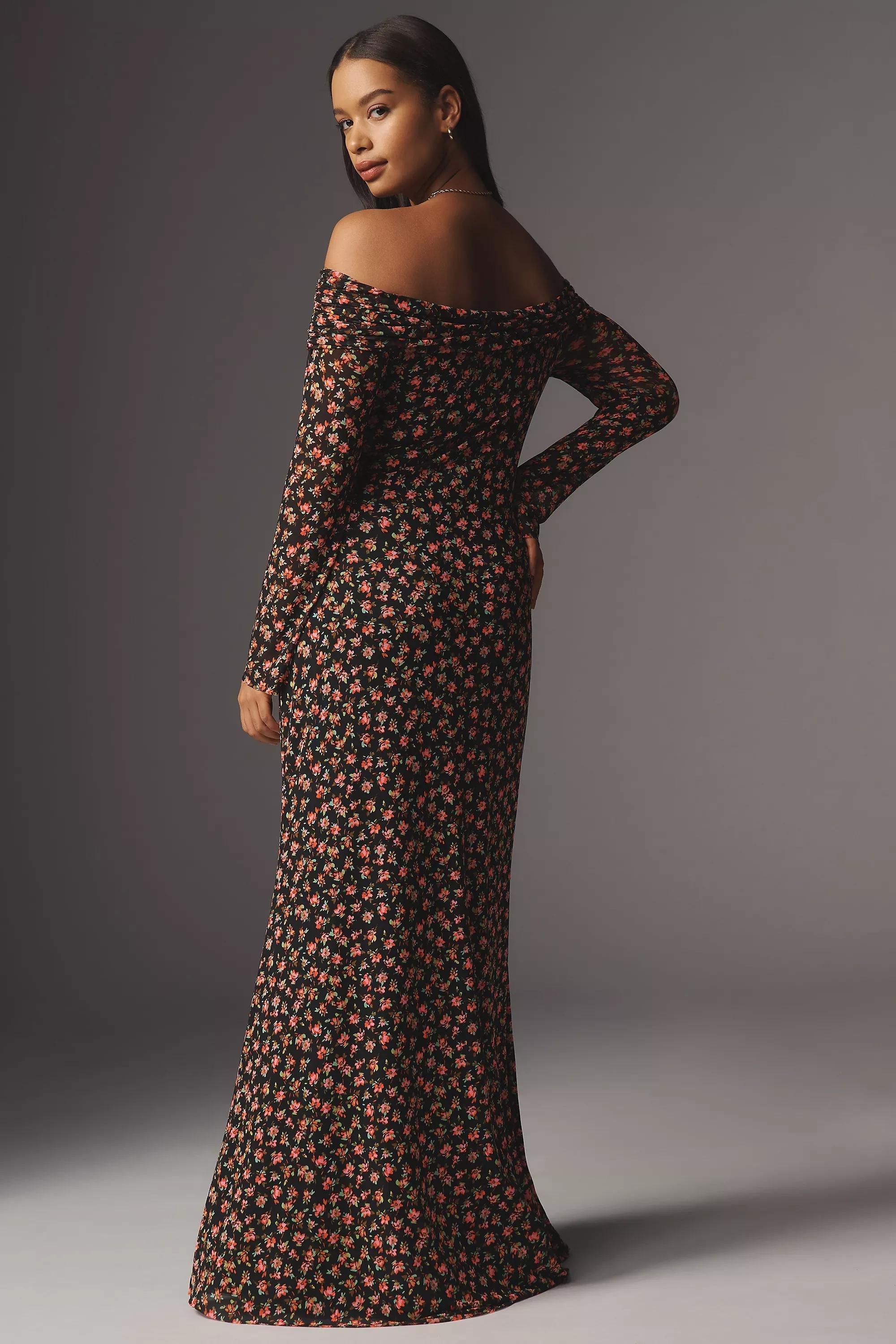 RED PATTERN AFRM Long-Sleeve Off-The-Shoulder Mesh Maxi Dress, , large image number 4