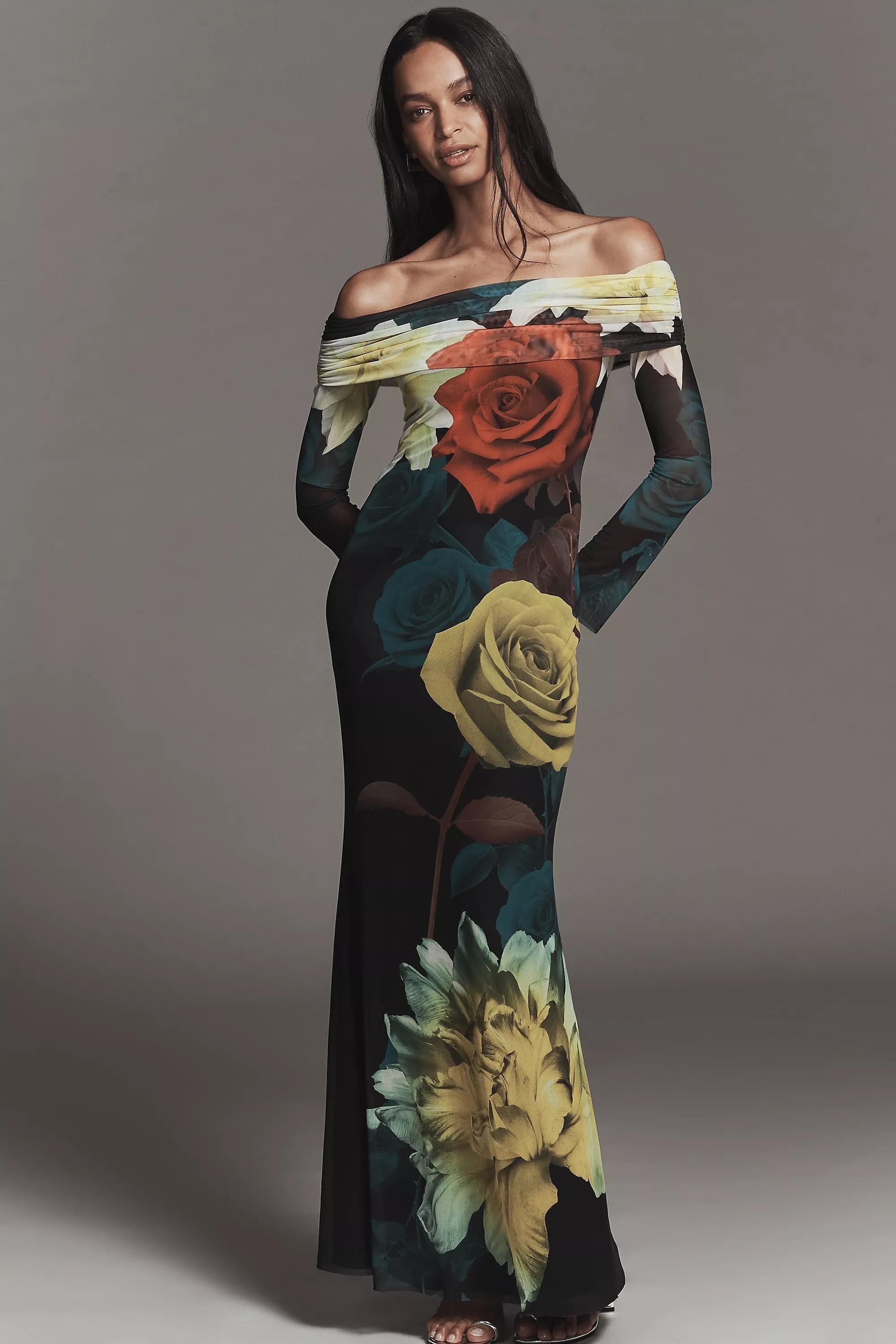 By Afrm Long-Sleeve Off-The-Shoulder Mesh Maxi Dress, Yellow, A501_0079, large image number 0