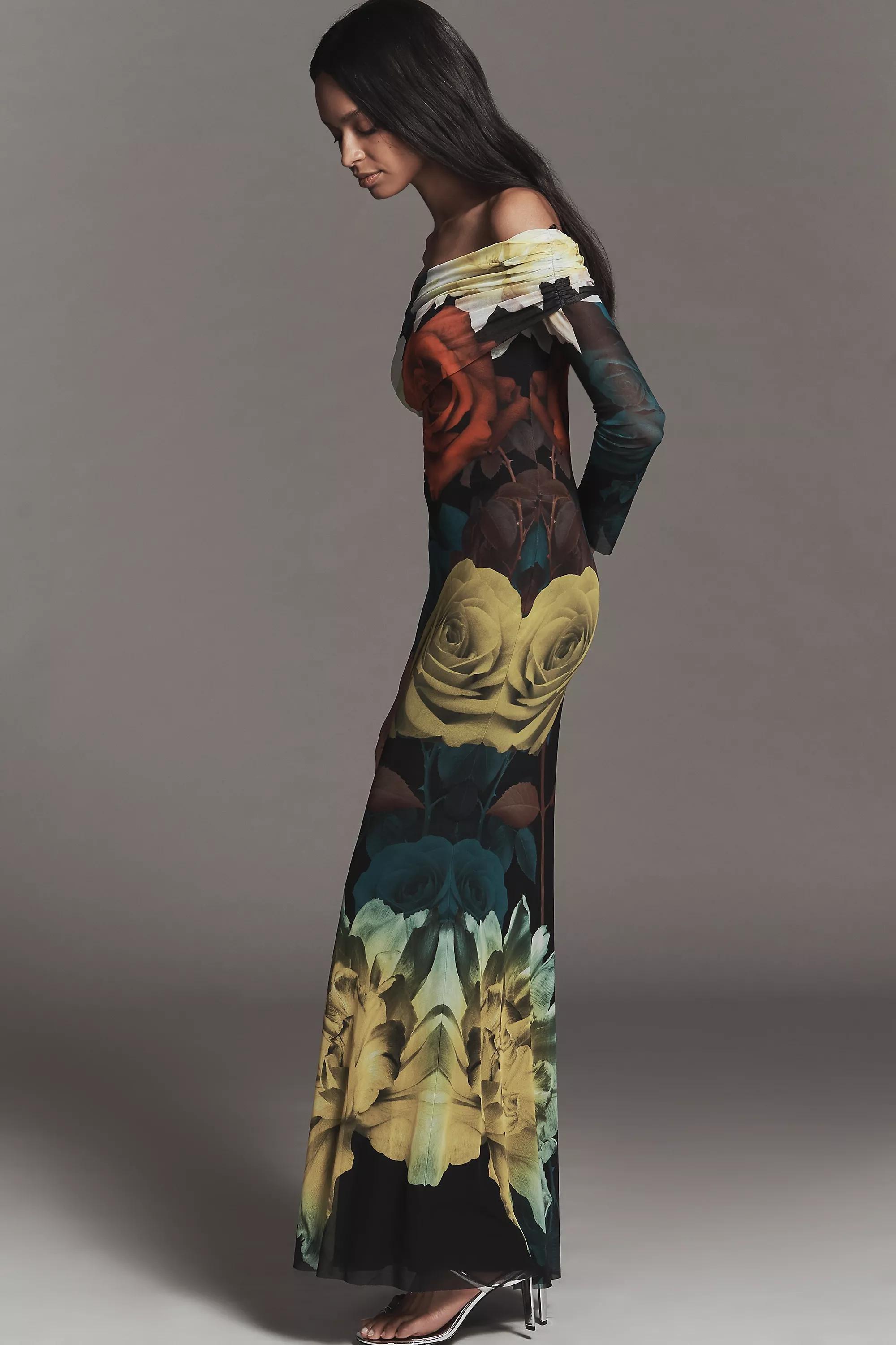 By Afrm Long-Sleeve Off-The-Shoulder Mesh Maxi Dress, Yellow, A501_0079, large image number 2