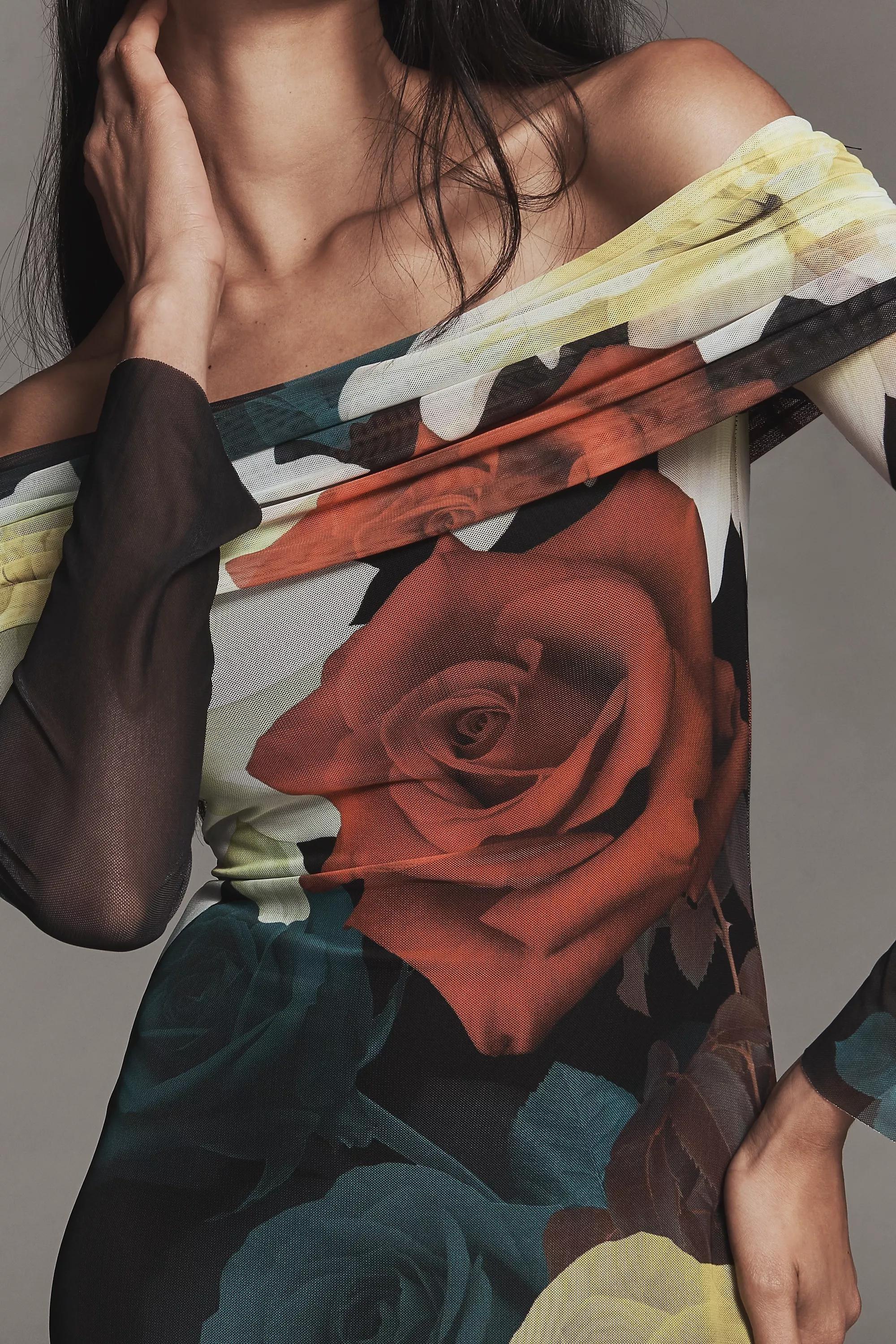 By Afrm Long-Sleeve Off-The-Shoulder Mesh Maxi Dress, Yellow, A501_0079, large image number 3