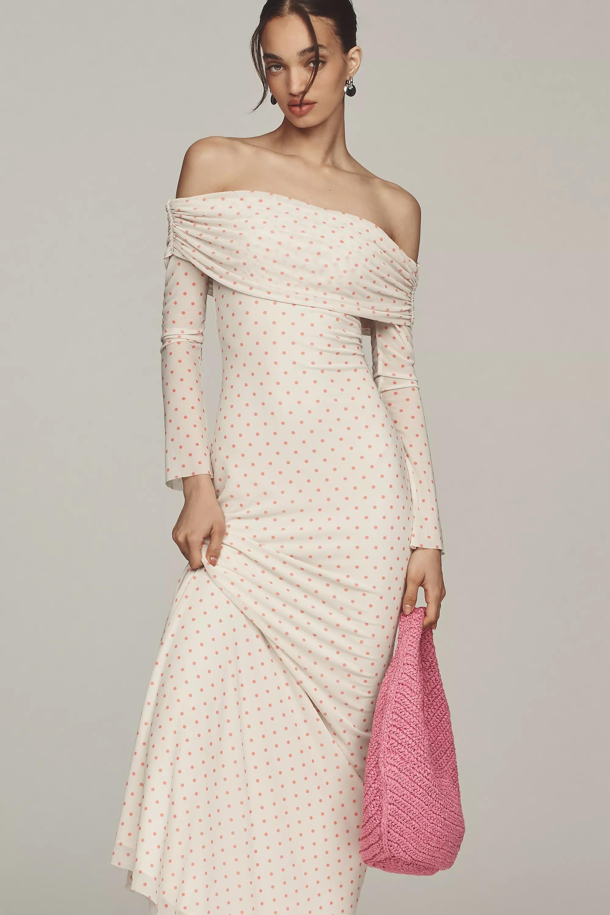 Patterned Long-Sleeve Off-Shoulder Mesh Maxi Dress, Orange, , large image number 0