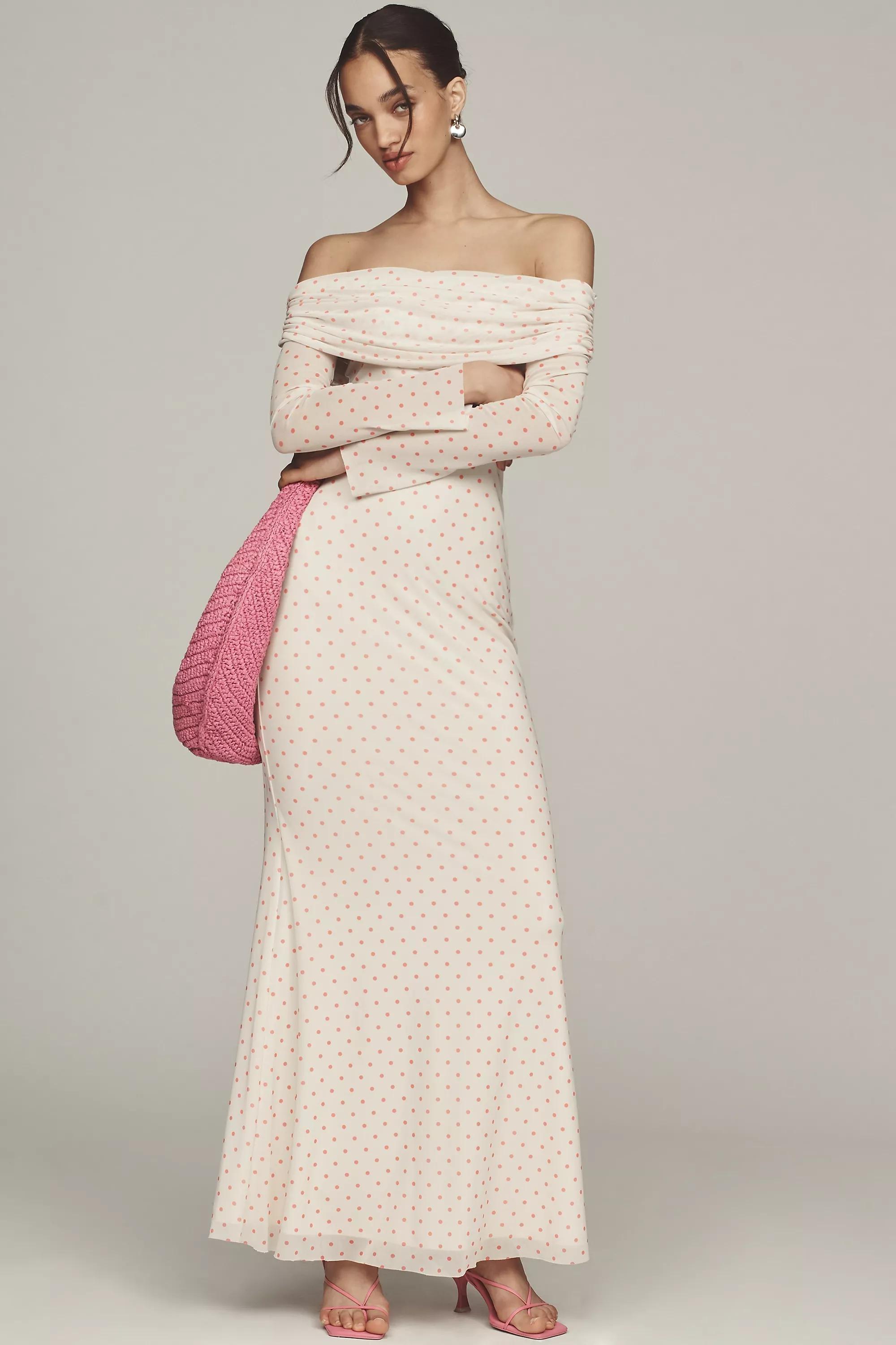 Patterned Long-Sleeve Off-Shoulder Mesh Maxi Dress, Orange, , large image number 2