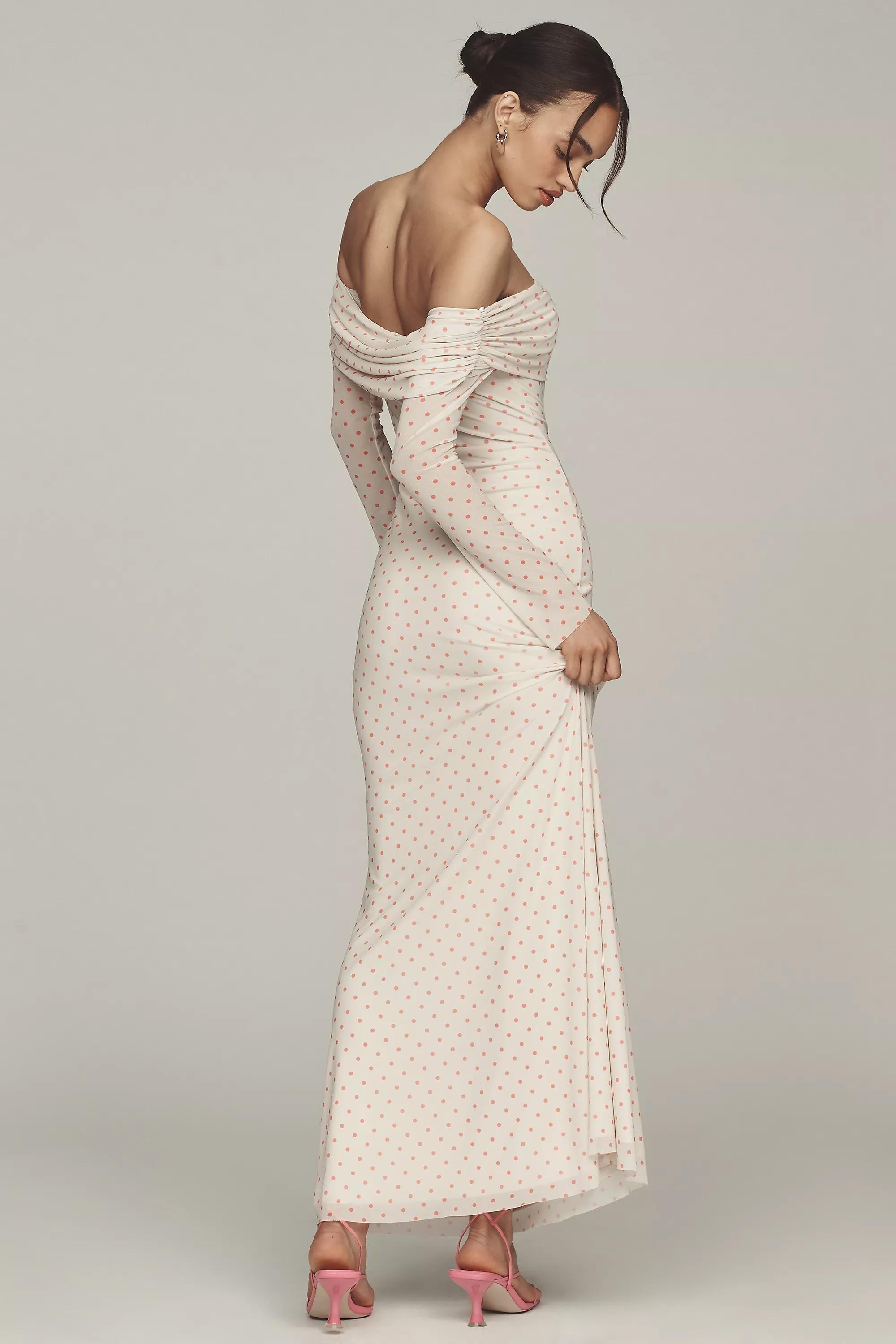 Patterned Long-Sleeve Off-Shoulder Mesh Maxi Dress, Orange, , large image number 3