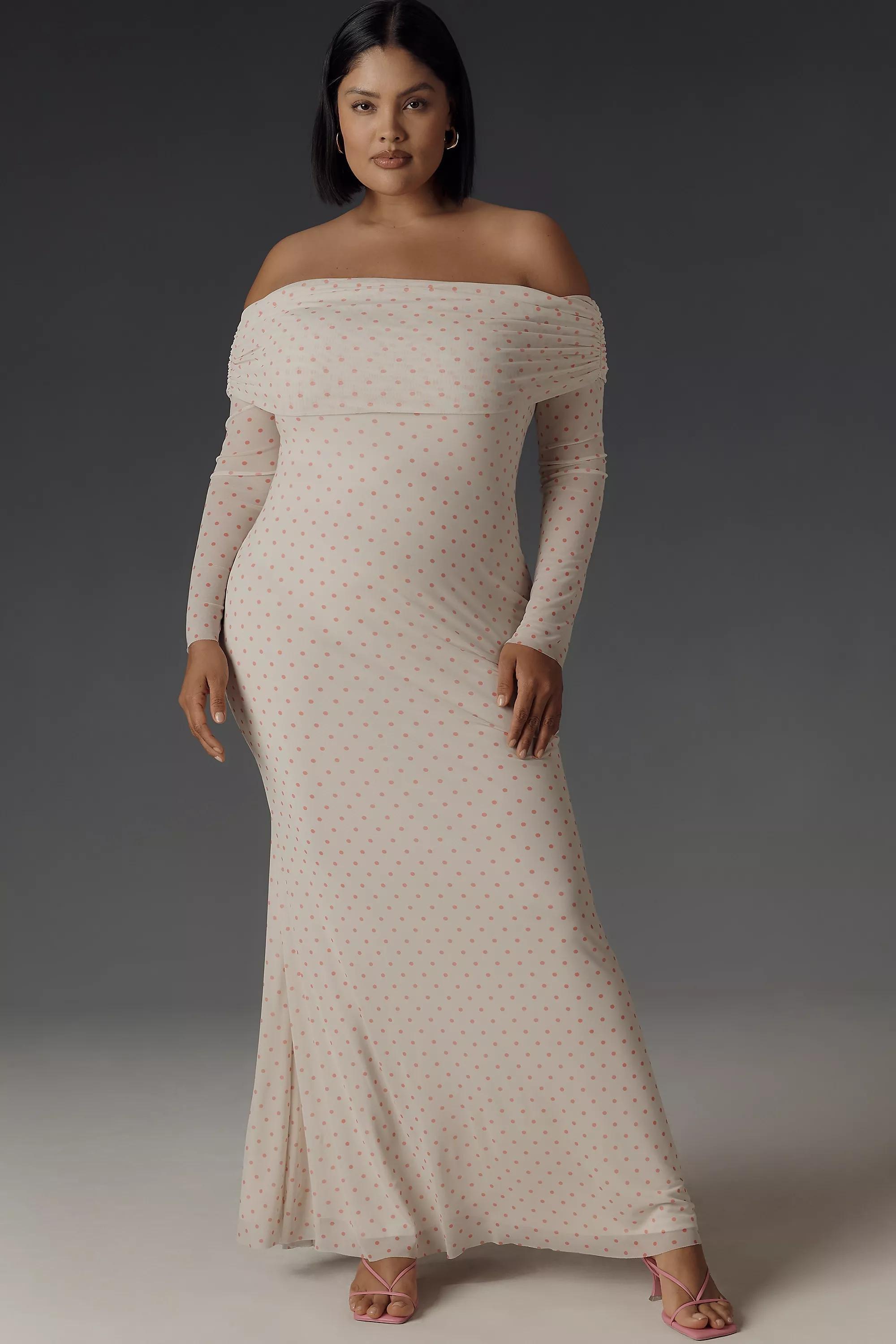 Patterned Long-Sleeve Off-Shoulder Mesh Maxi Dress, Orange, , large image number 4