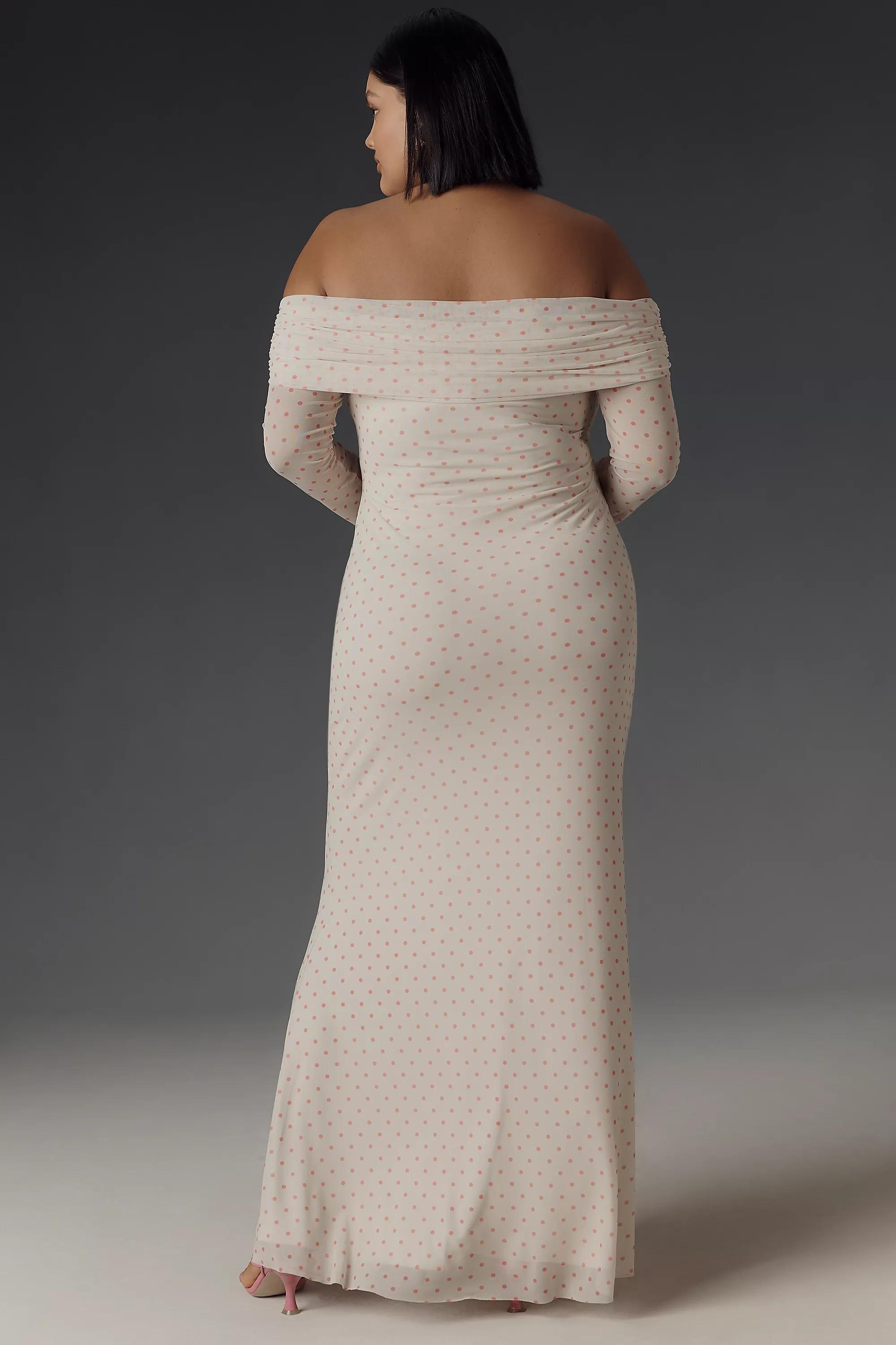 Patterned Long-Sleeve Off-Shoulder Mesh Maxi Dress, Orange, , large image number 5