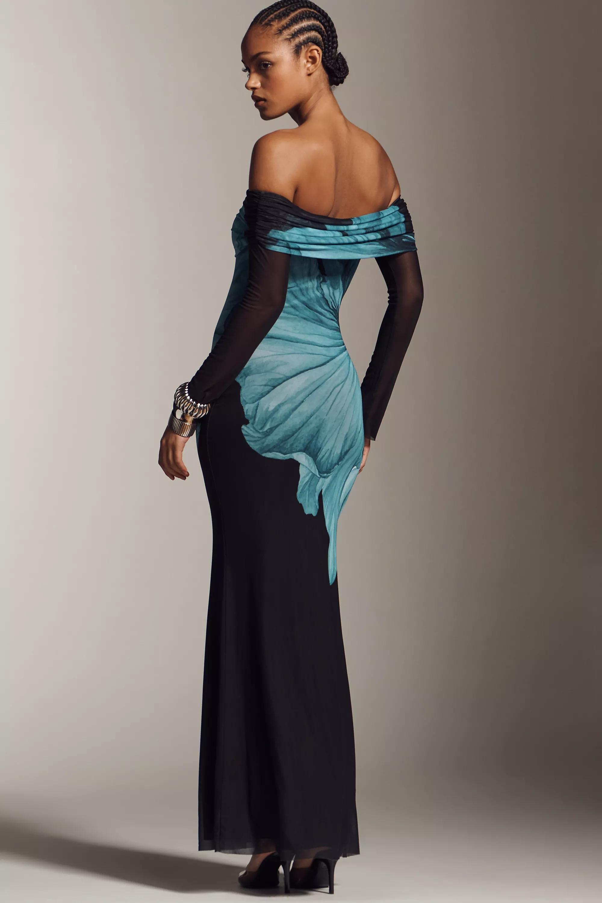 By Afrm Long-Sleeve Off-The-Shoulder Mesh Maxi Dress, Black, A501_0520, medium