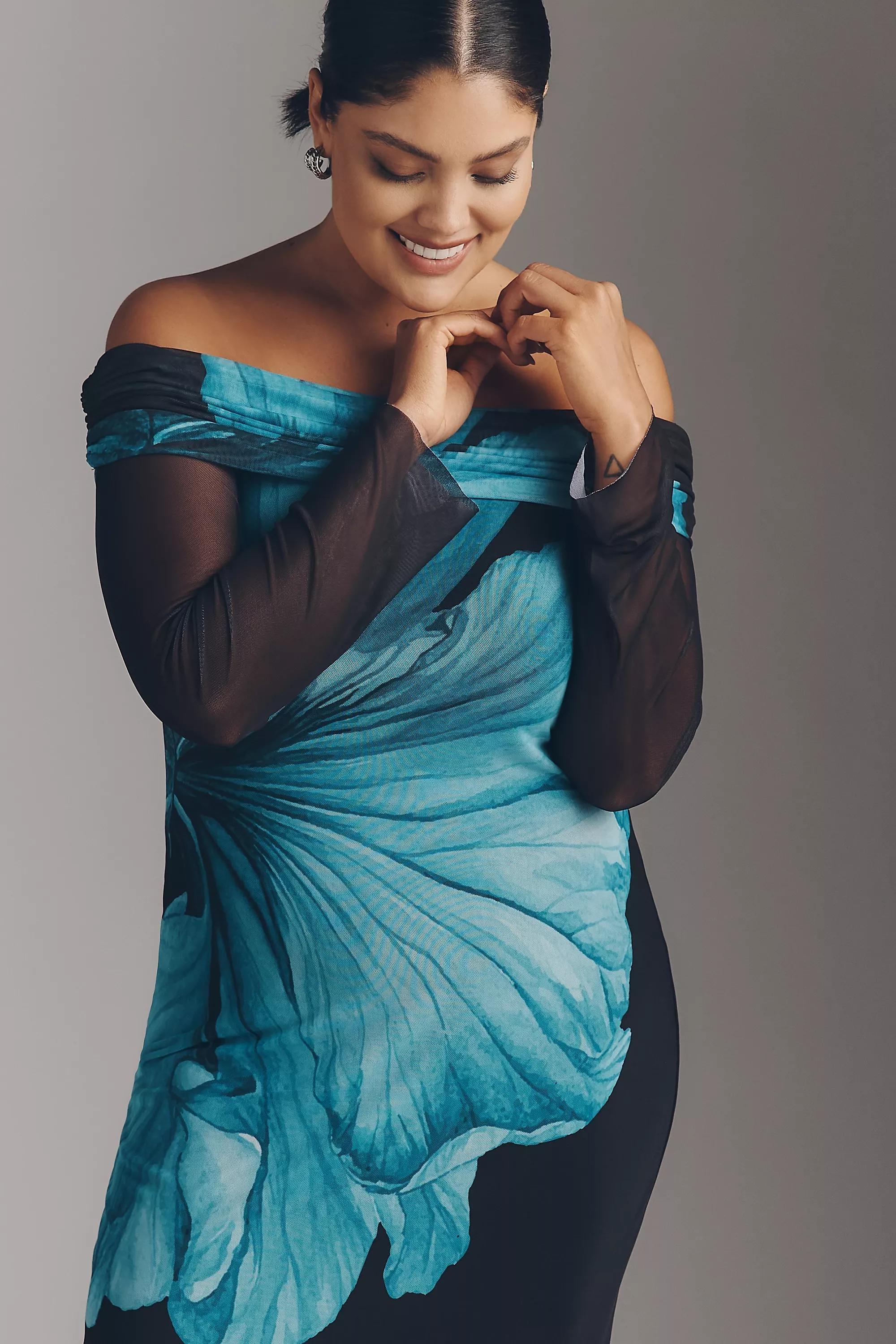 By Afrm Long-Sleeve Off-The-Shoulder Mesh Maxi Dress, Black, A501_0520, large image number 5