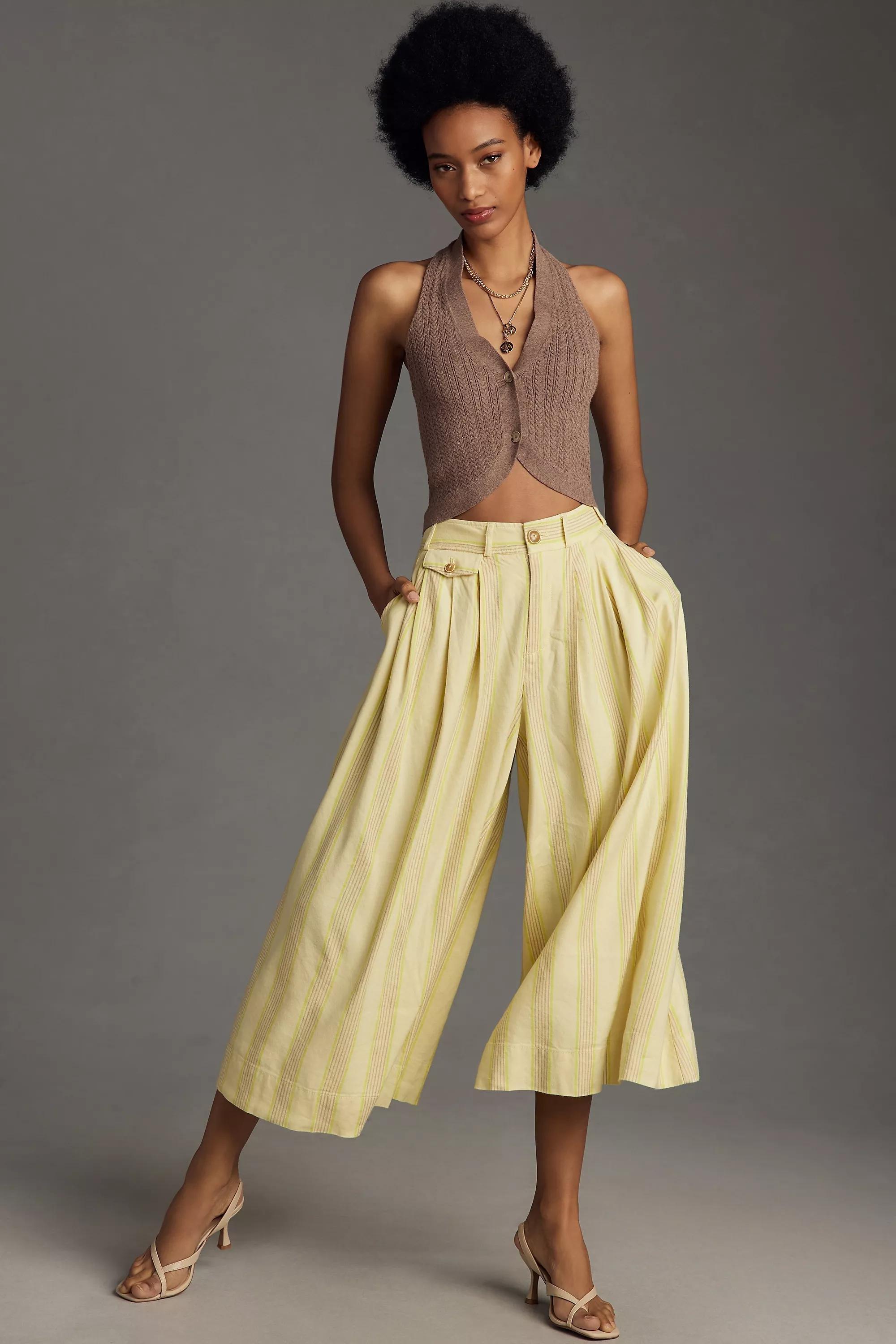 By Maeve Striped High Rise Linen Trousers, Beige, , large image number 0