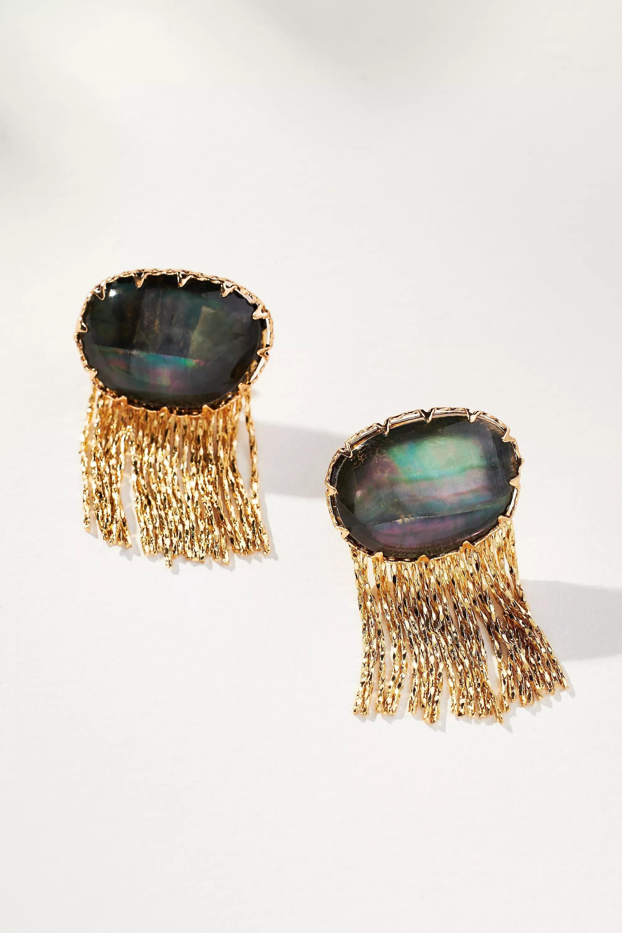 Metal Fringe Stone Earrings, Green, A501_0031, large image number 0