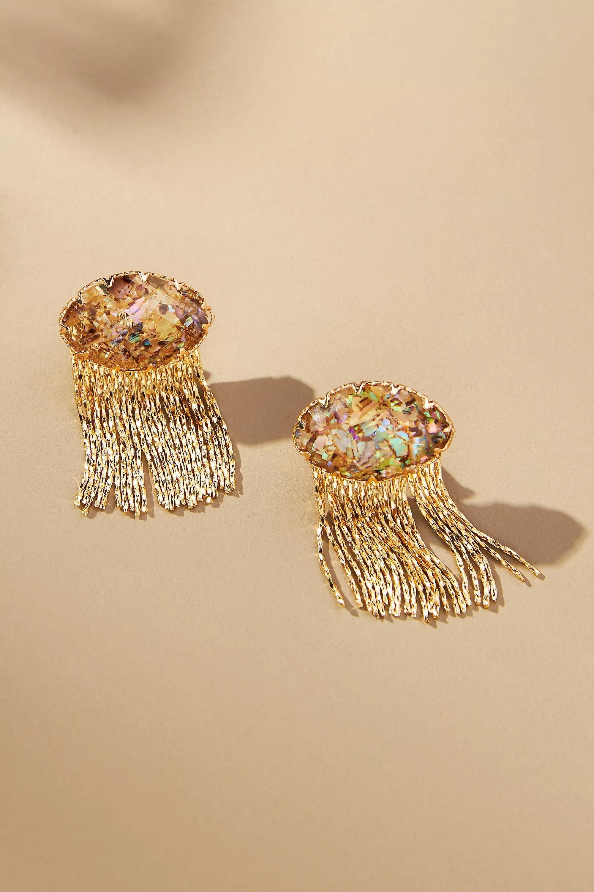 Metal Fringe Stone Earrings, Gold-Plated, , medium