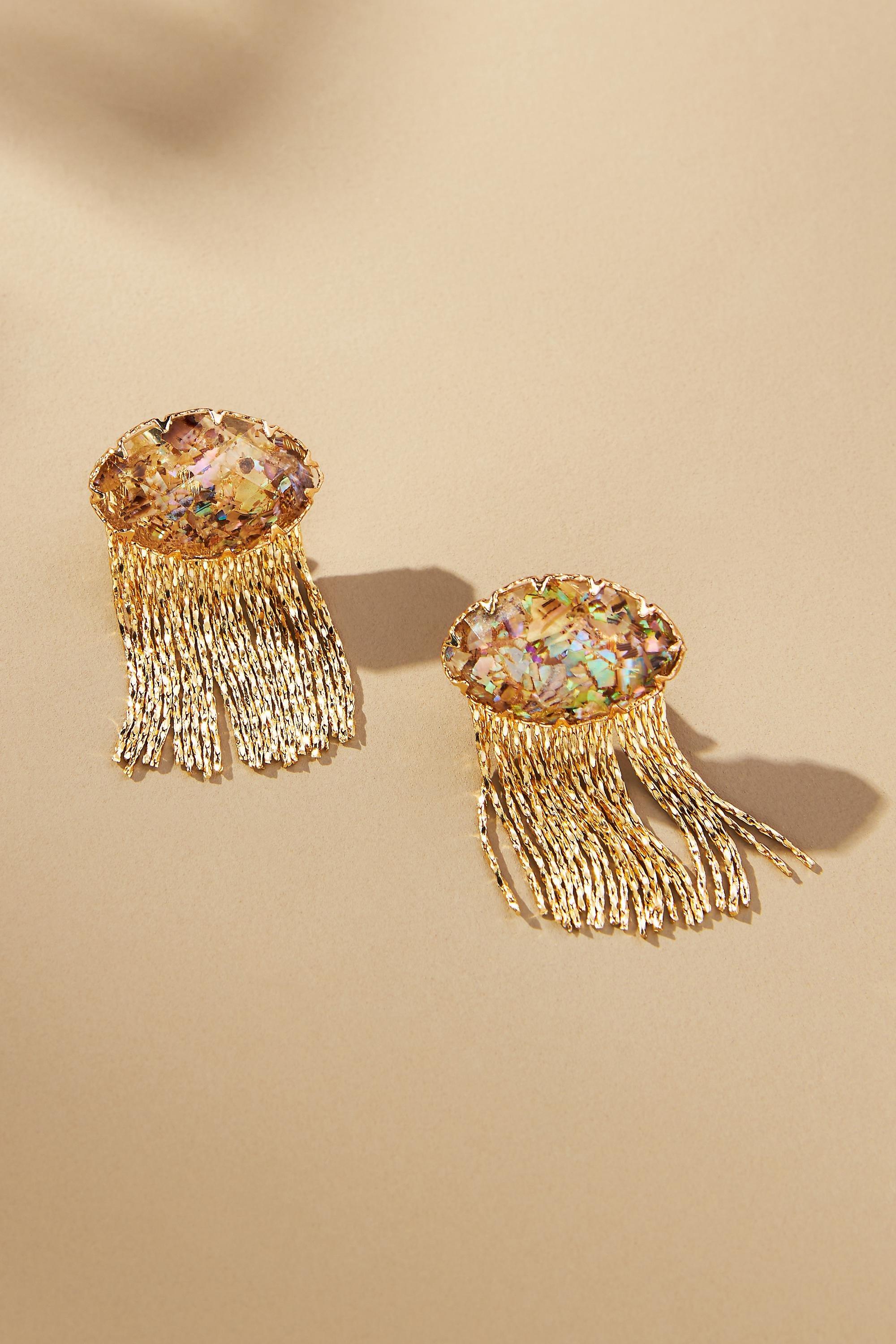 Metal Fringe Stone Earrings, Gold, A501_0044, medium