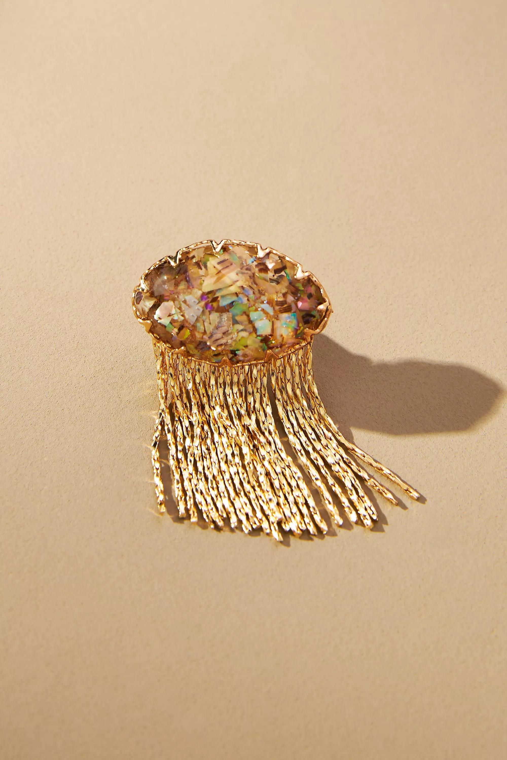 Metal Fringe Stone Earrings, Gold-Plated, A501_0044, large image number 1