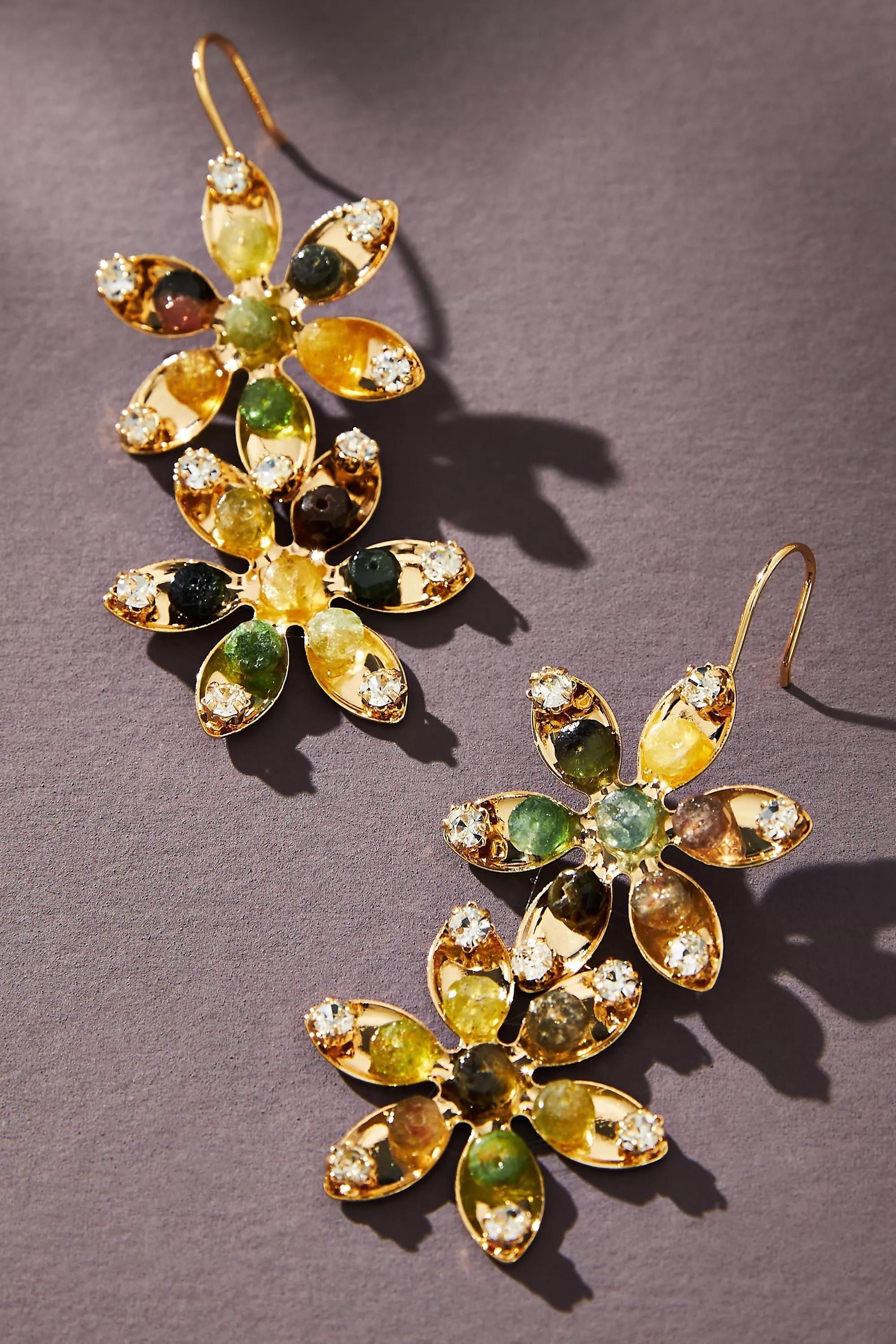 Double Flower Stone Drop Earrings, Gold-Plated, A501_0000, medium