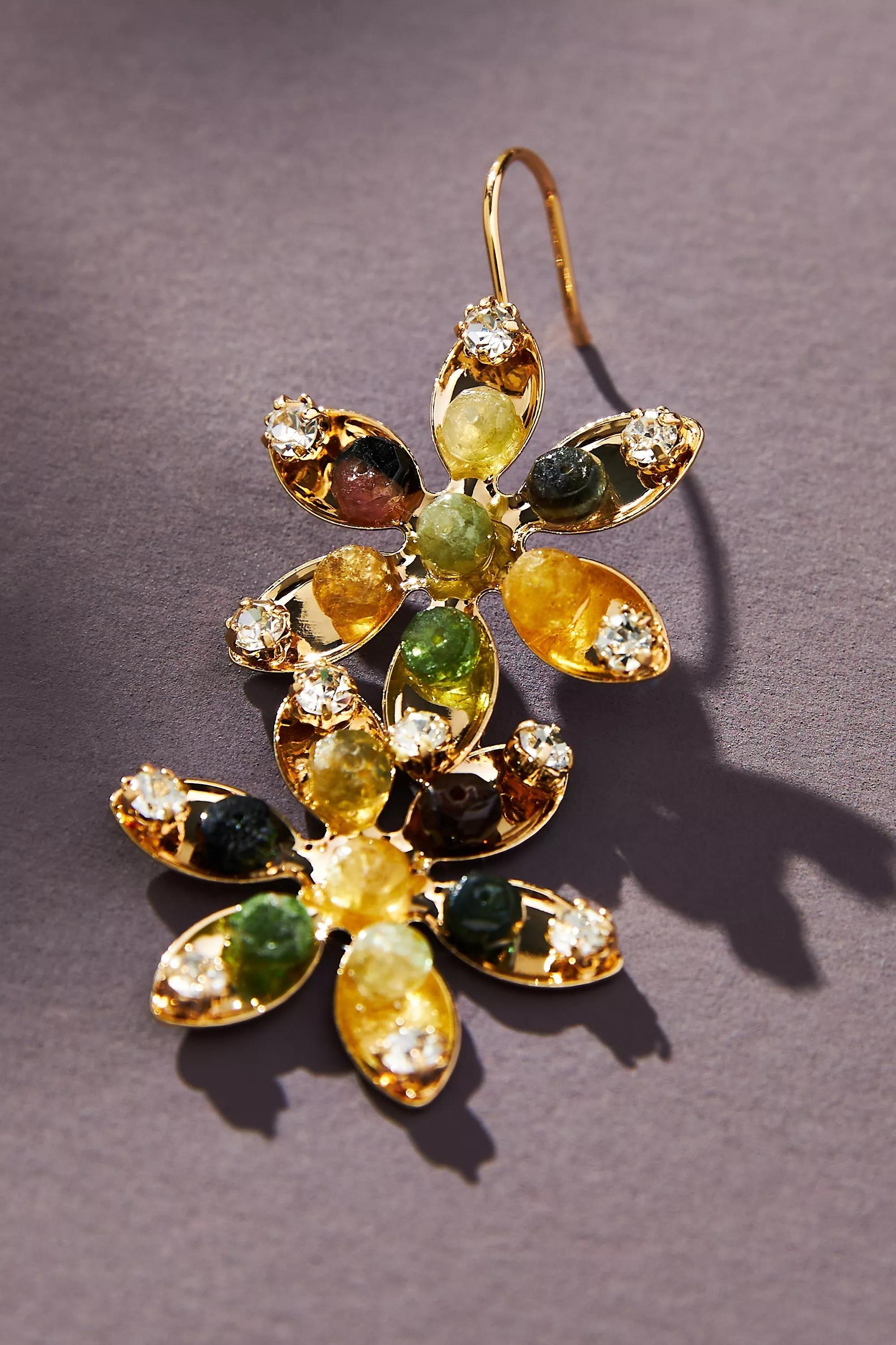 Double Flower Stone Drop Earrings, Gold-Plated, A501_0000, medium