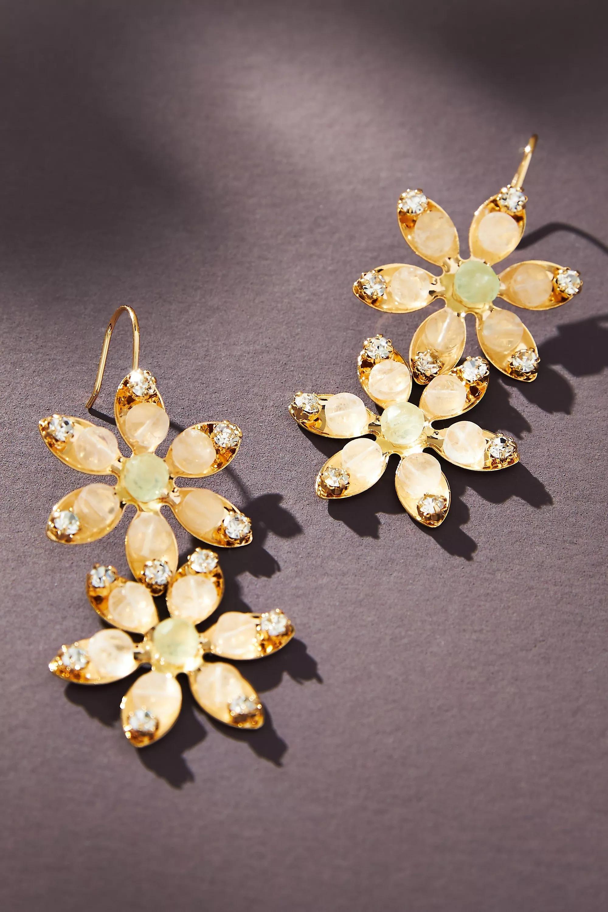 Double Flower Stone Drop Earrings, Gold-Plated, , medium