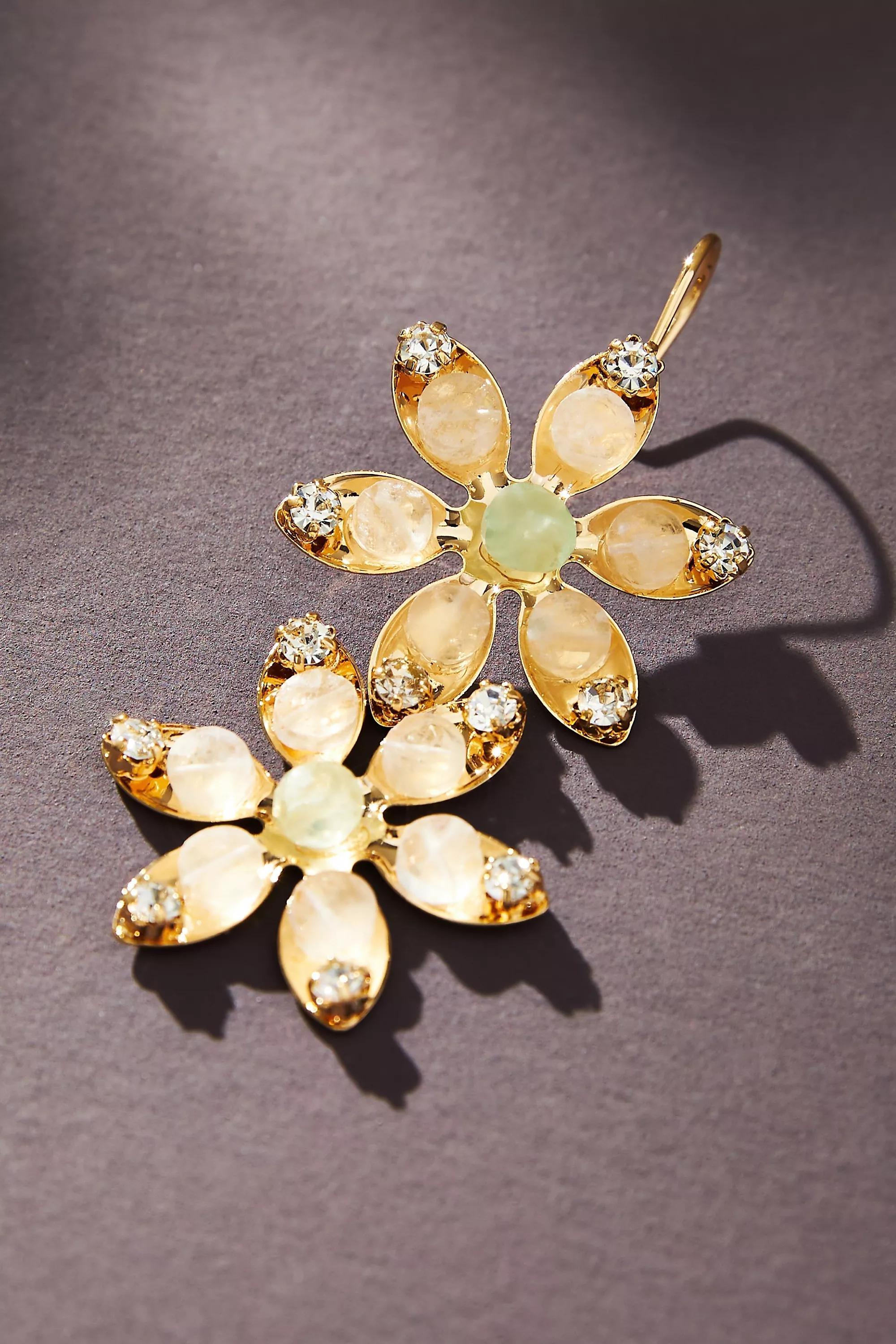 Double Flower Stone Drop Earrings, Gold-Plated, A501_0011, medium