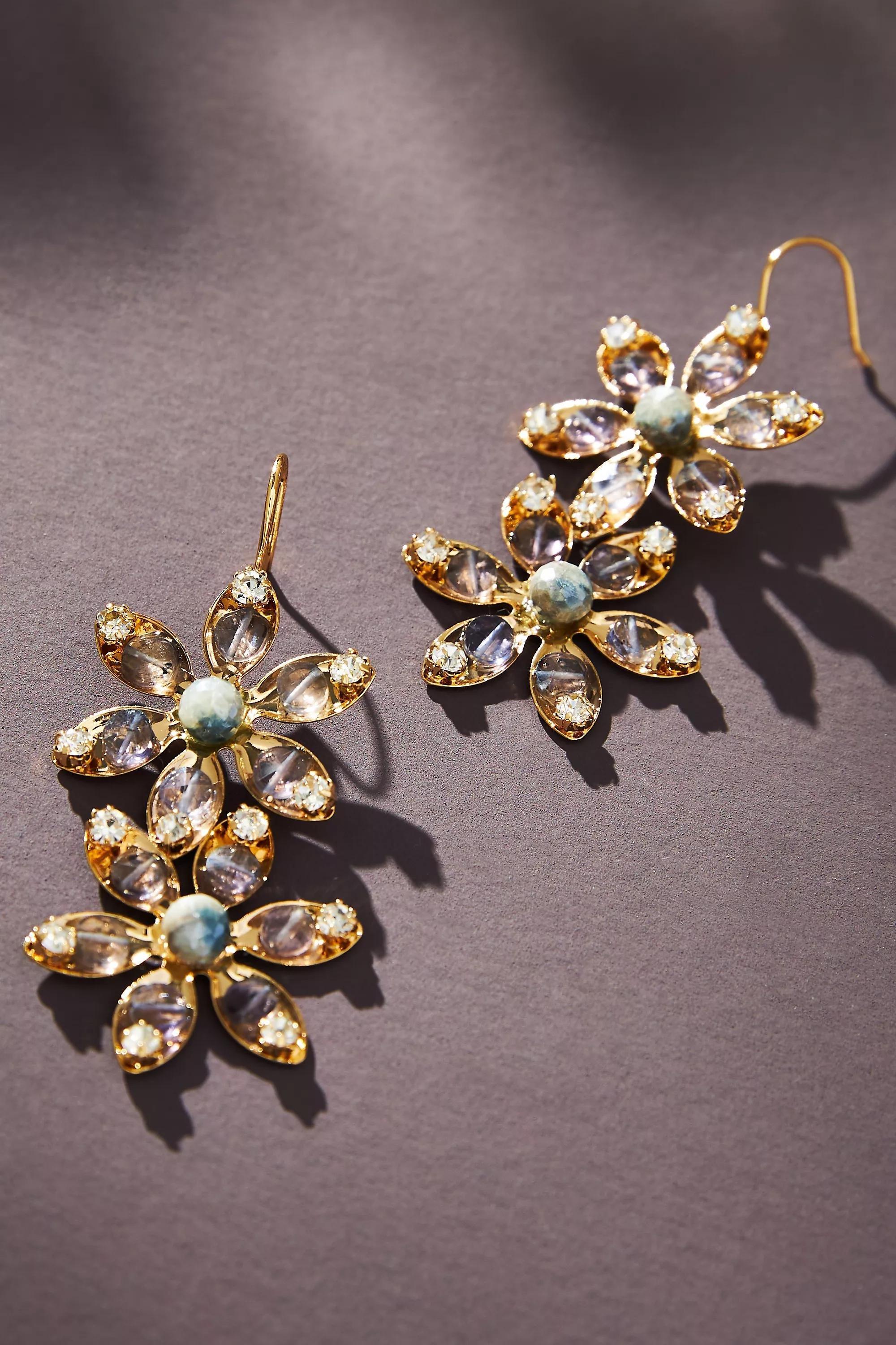 Double Flower Stone Drop Earrings, Gold-Plated, A501_0044, medium