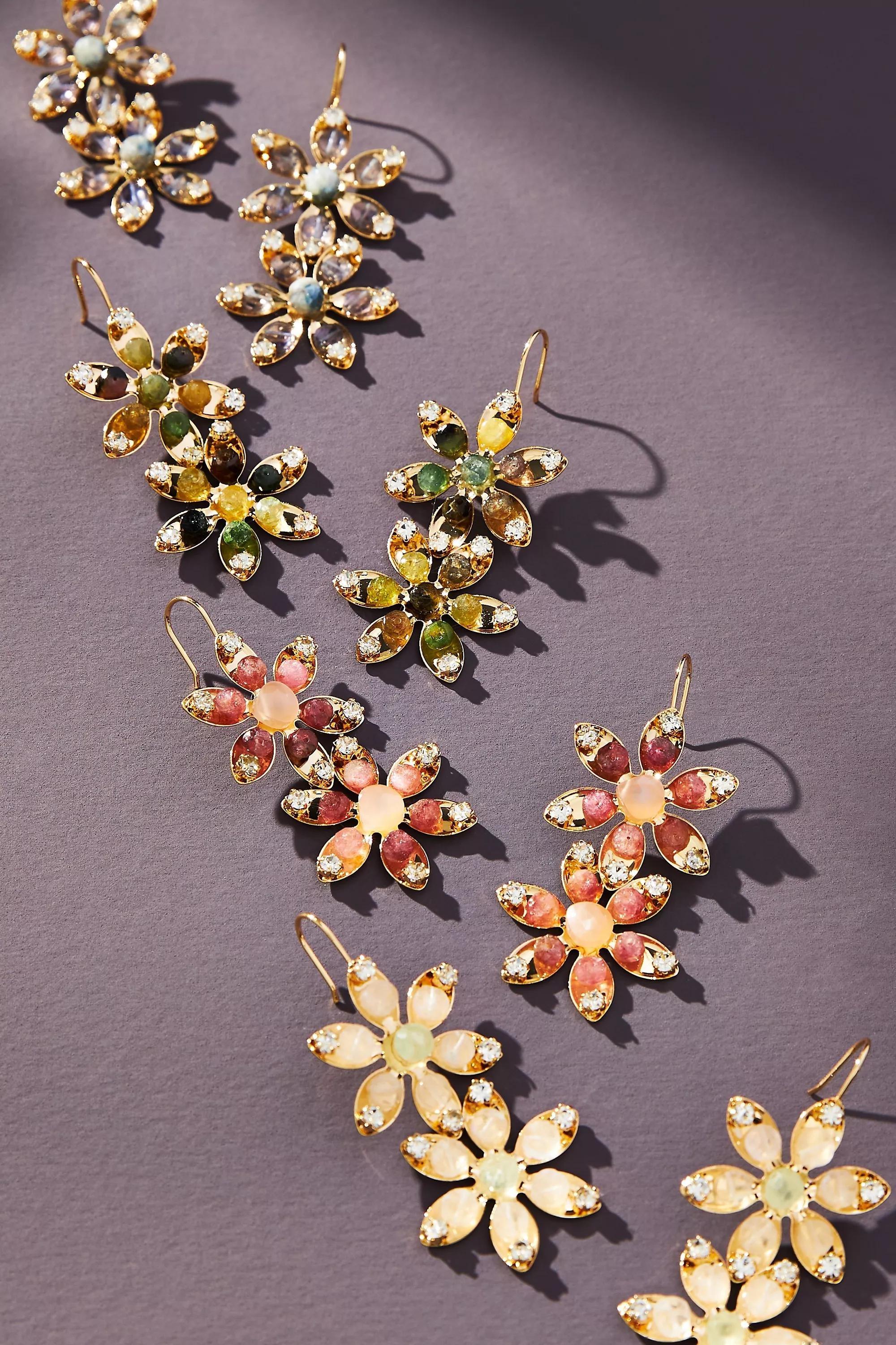 Double Flower Stone Drop Earrings, Gold-Plated, A501_0044, large image number 1