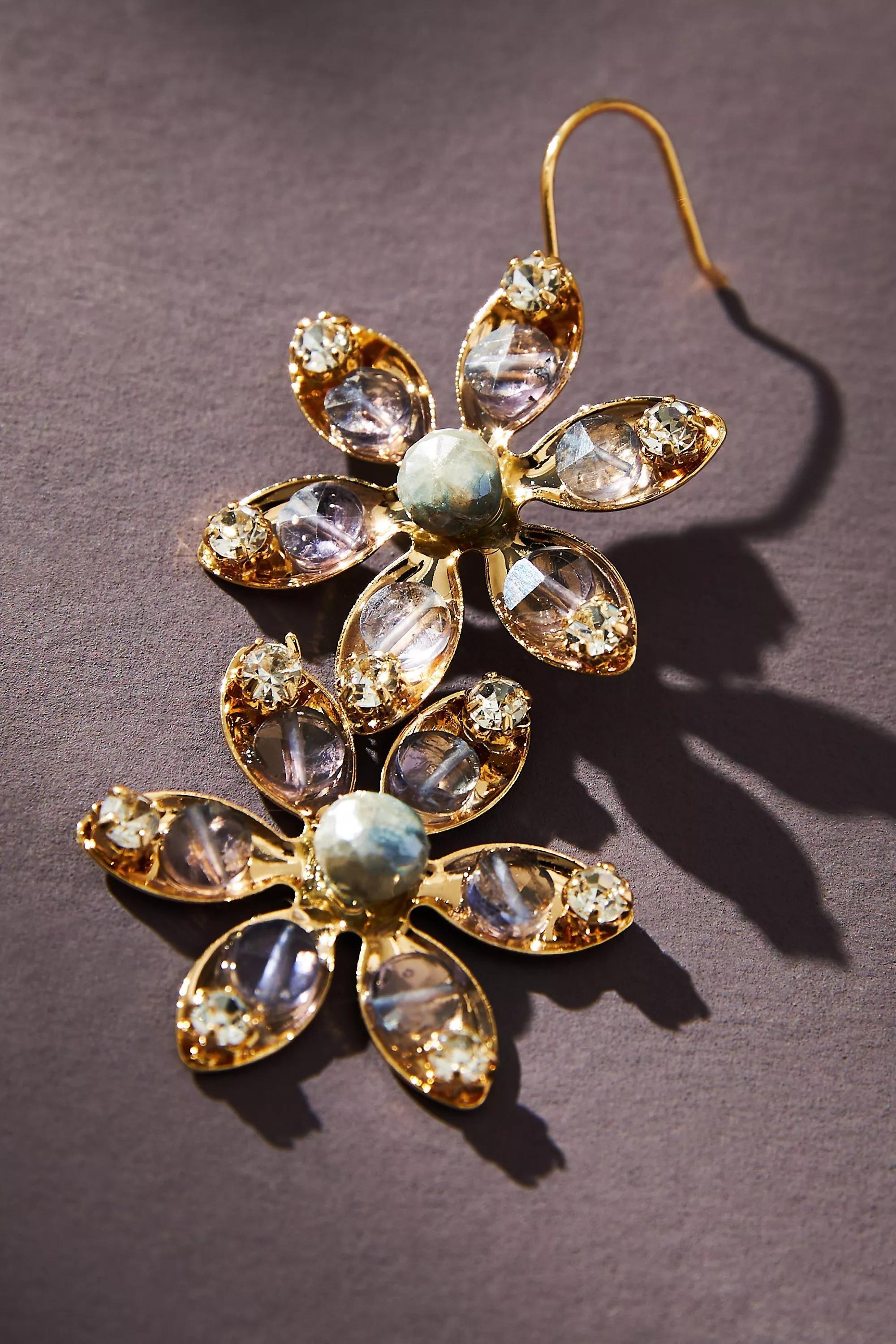 Double Flower Stone Drop Earrings, Gold-Plated, A501_0044, medium