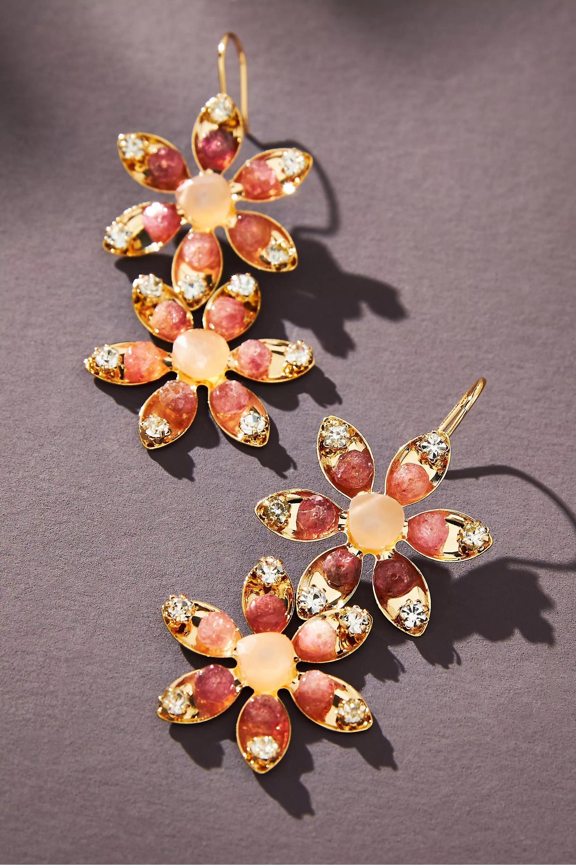 Double Flower Stone Drop Earrings, Gold-Plated, , medium