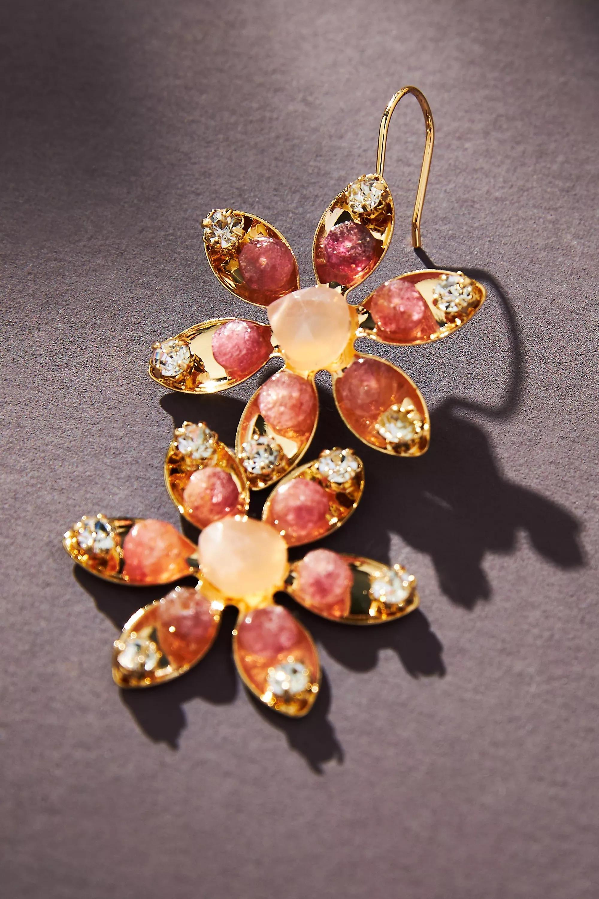 Double Flower Stone Drop Earrings, Gold-Plated, A501_0054, large image number 2