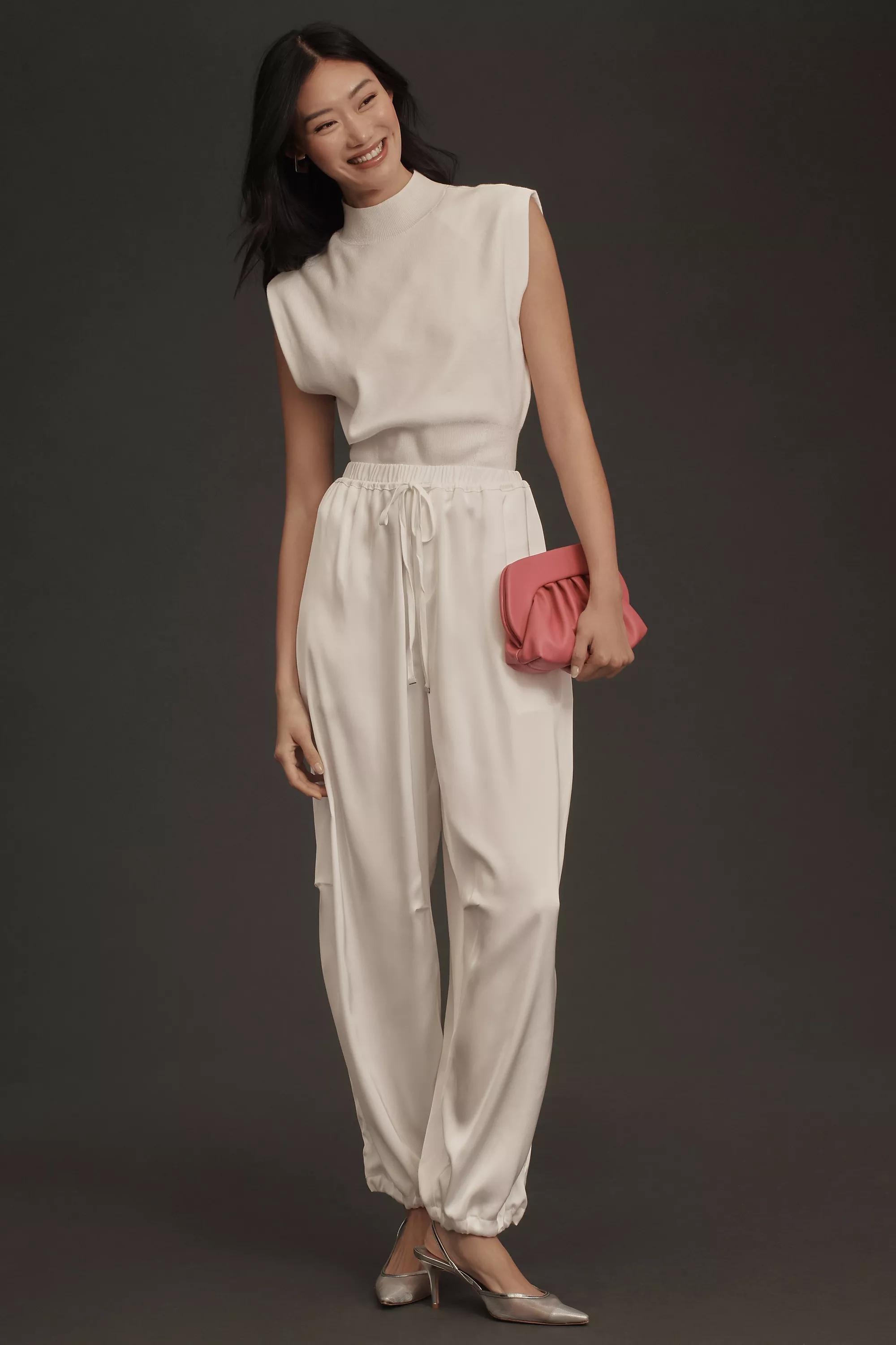 By Maeve Silk Drawstring Parachute Pants, Ecru, , large image number 0