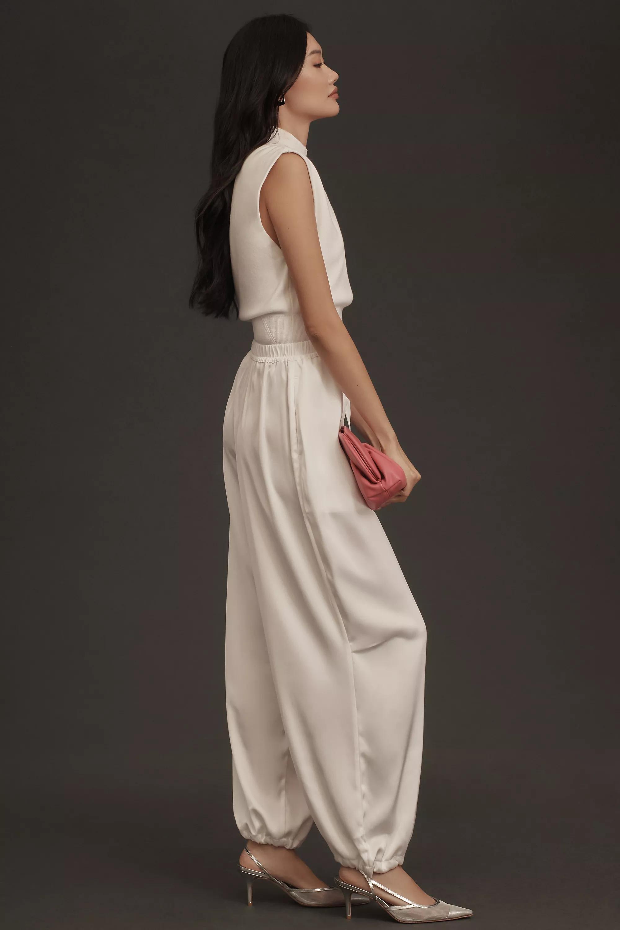 By Maeve Silk Drawstring Parachute Pants, Ecru, , large image number 2