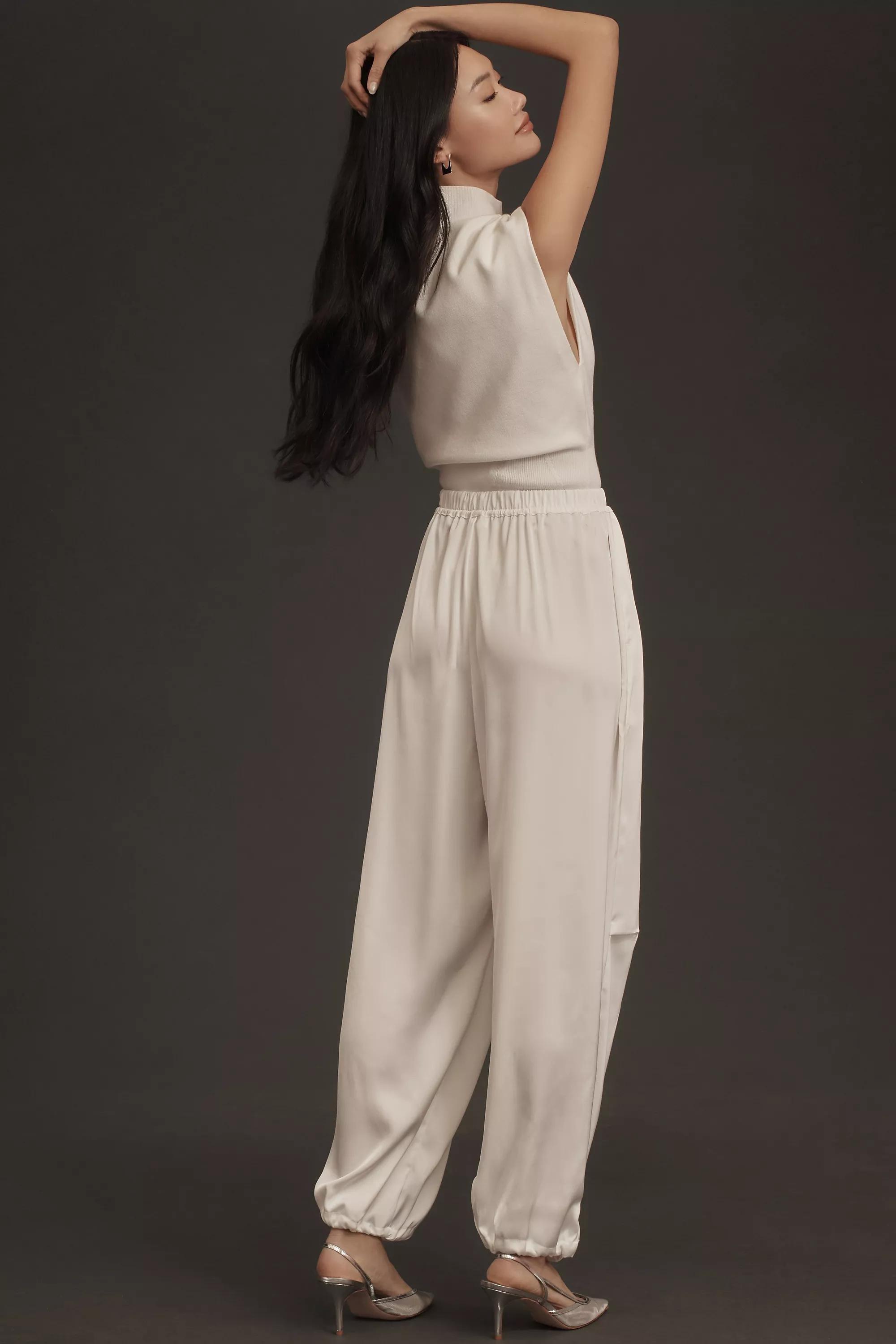 By Maeve Silk Drawstring Parachute Pants, Ecru, , large image number 3