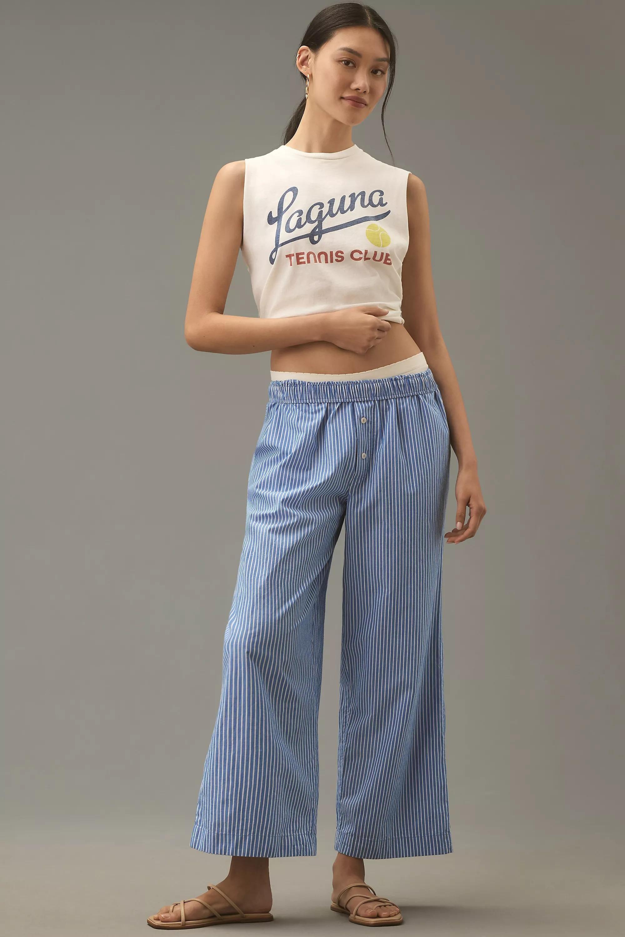 By Anthropologie Stripe Cotton Boxer Pyjama Bottoms, Blue, , large image number 2